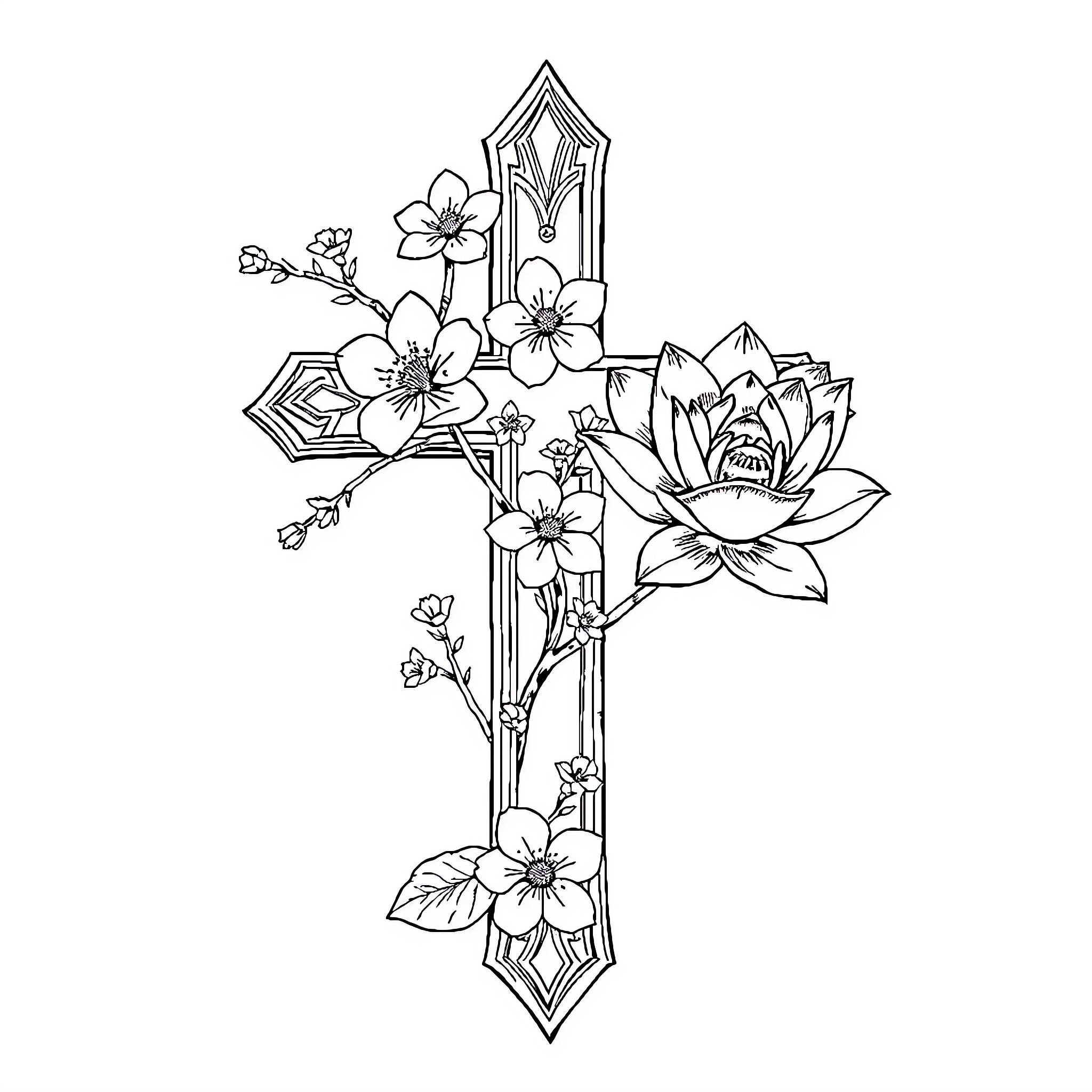 Cross of Elegant Floral Arrangements Coloring Page (free black-and-white line drawing printable PDF for all, from beginners to advanced learners, including children, teens, adults, and seniors)