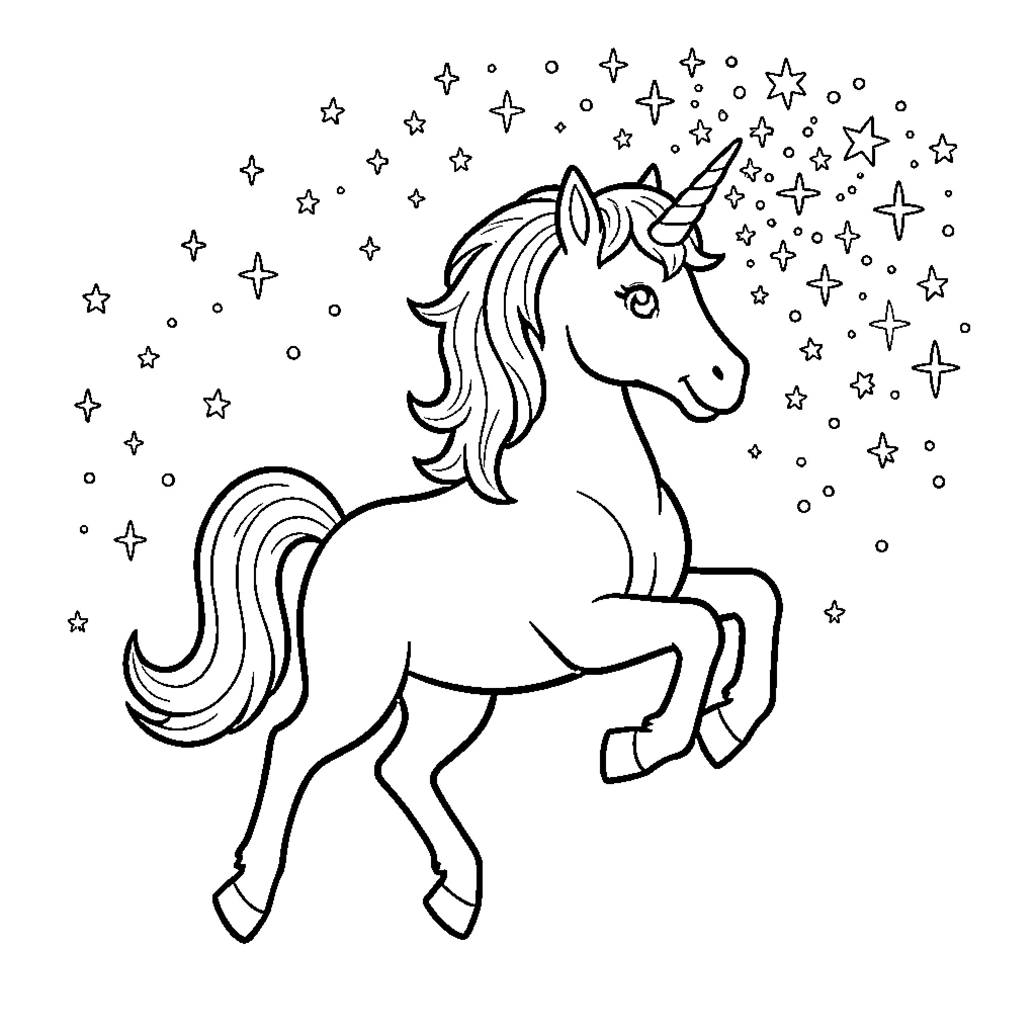 Licorne jumping joyfully among sparkling stars Coloring Page (free black-and-white line drawing printable PDF for all, from beginners to advanced learners, including children, teens, adults, and seniors)