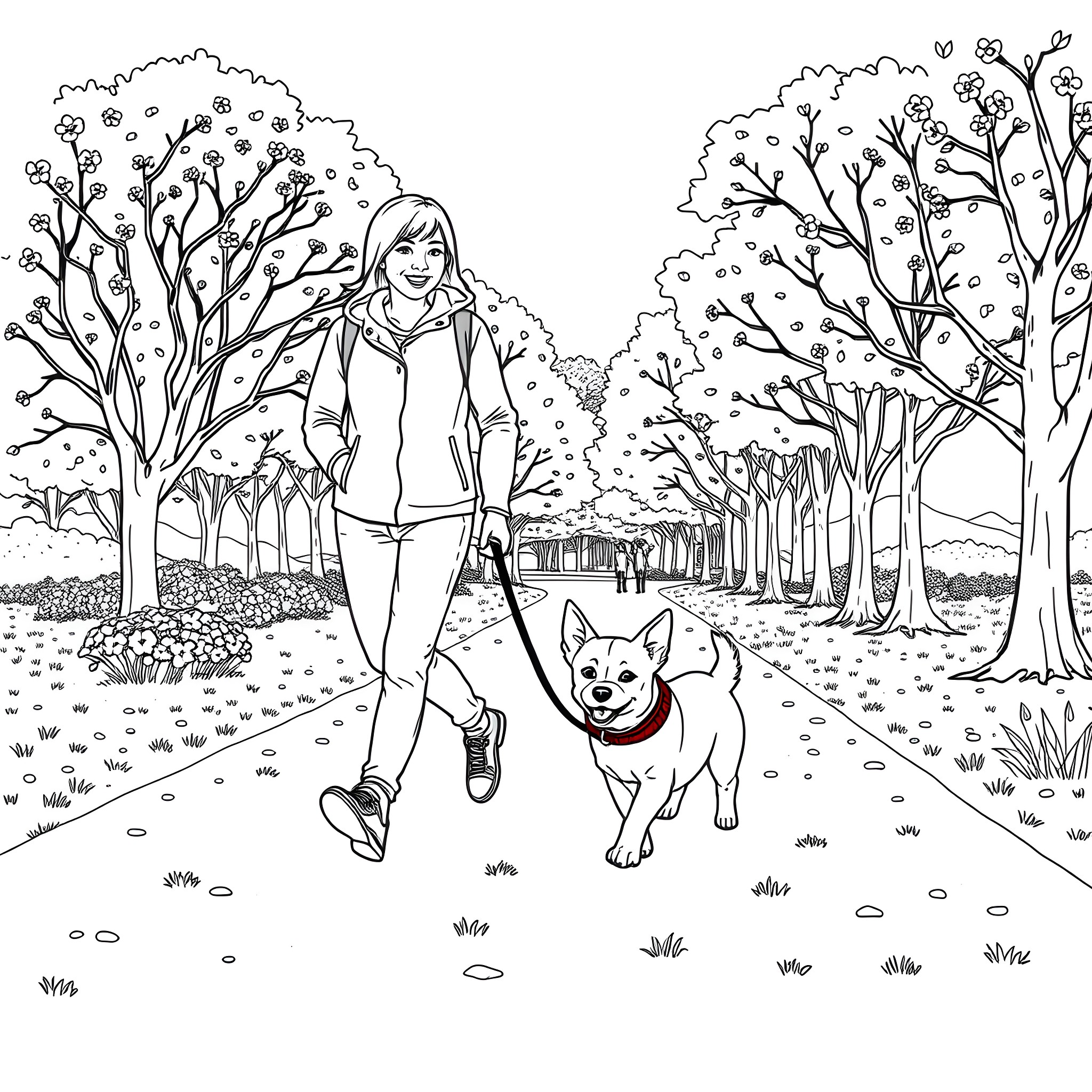 Dog walking with owner on a nature trail Coloring Page (free black-and-white line drawing printable PDF for all, from beginners to advanced learners, including children, teens, adults, and seniors)
