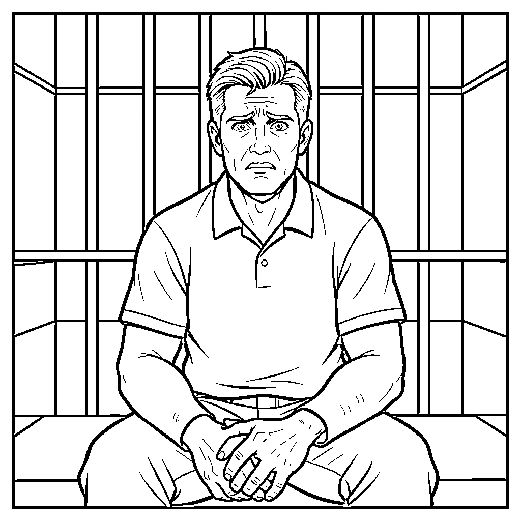 Tom Brady Behind Bars in Somber Expression Coloring Page (free black-and-white line drawing printable PDF for all, from beginners to advanced learners, including children, teens, adults, and seniors)