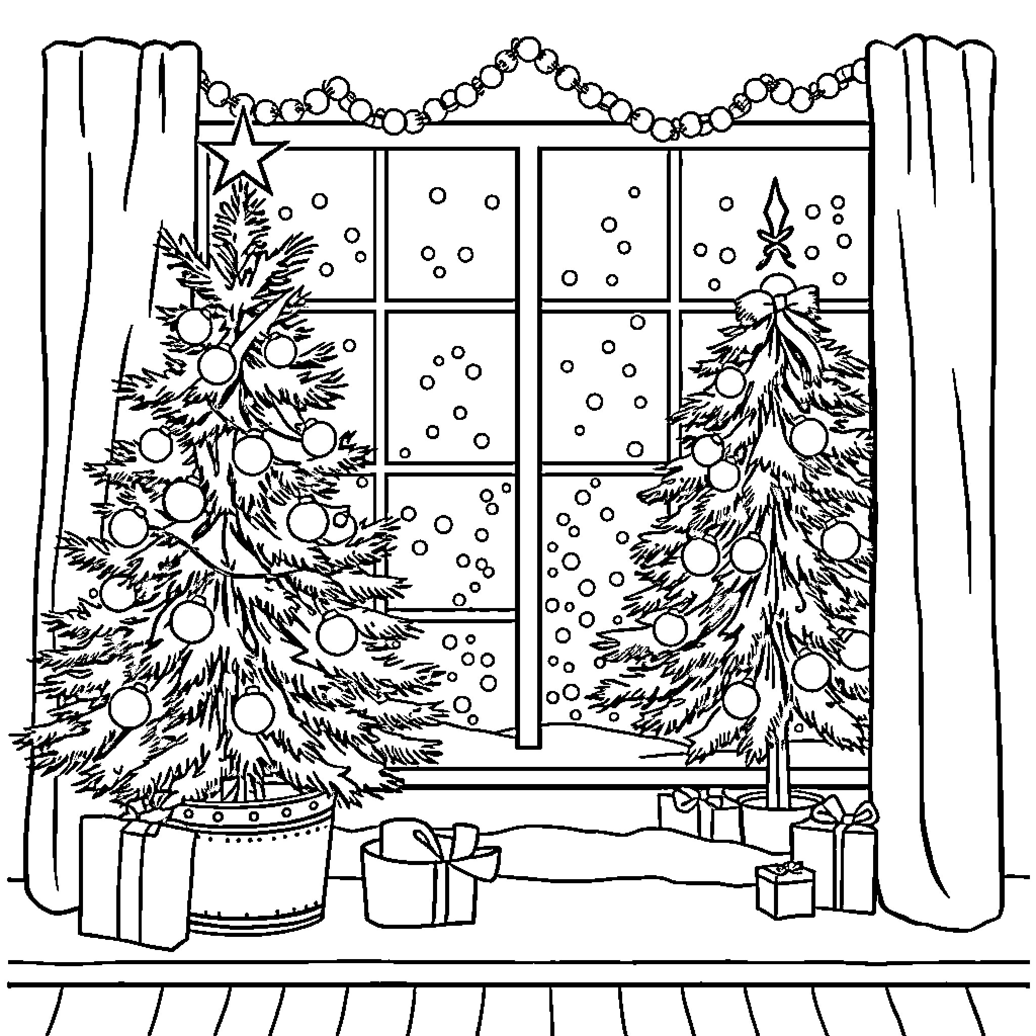 Christmas scene with decorated trees by the window Coloring Page (free black-and-white line drawing printable PDF for all, from beginners to advanced learners, including children, teens, adults, and seniors)