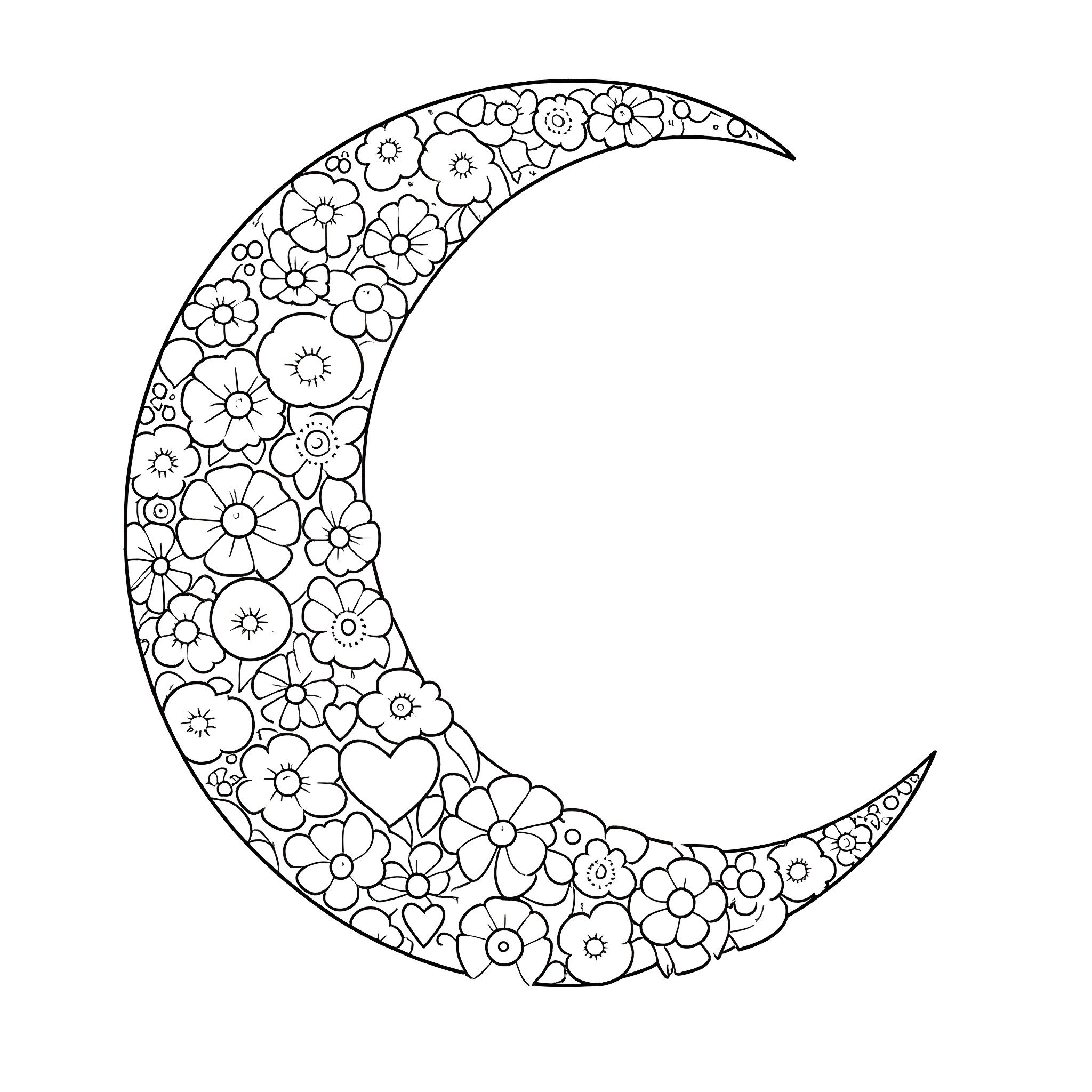 Flower-shaped crescent moon Coloring Page (free black-and-white line drawing printable PDF for all, from beginners to advanced learners, including children, teens, adults, and seniors)