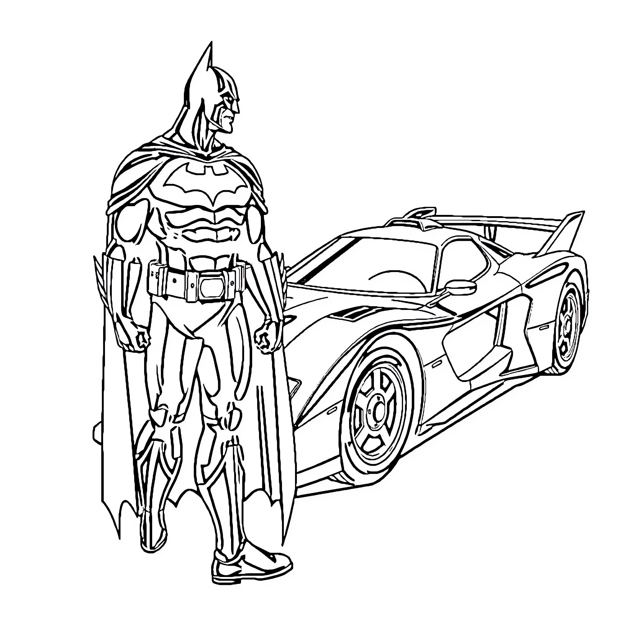 Batman stands beside futuristic Batmobile Coloring Page (free black-and-white line drawing printable PDF for all, from beginners to advanced learners, including children, teens, adults, and seniors)