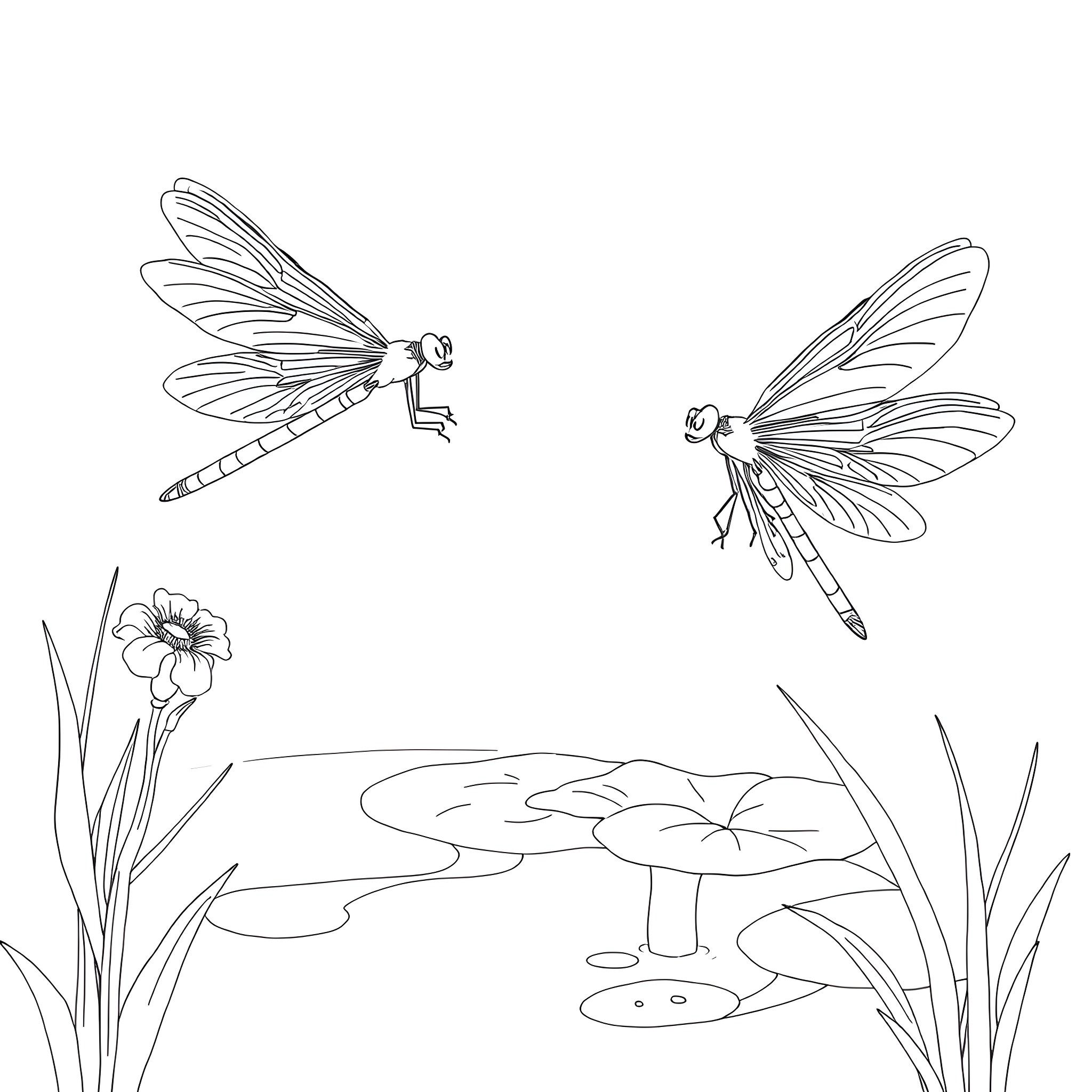 Damselflies dancing over a lily pond Coloring Page (free black-and-white line drawing printable PDF for all, from beginners to advanced learners, including children, teens, adults, and seniors)