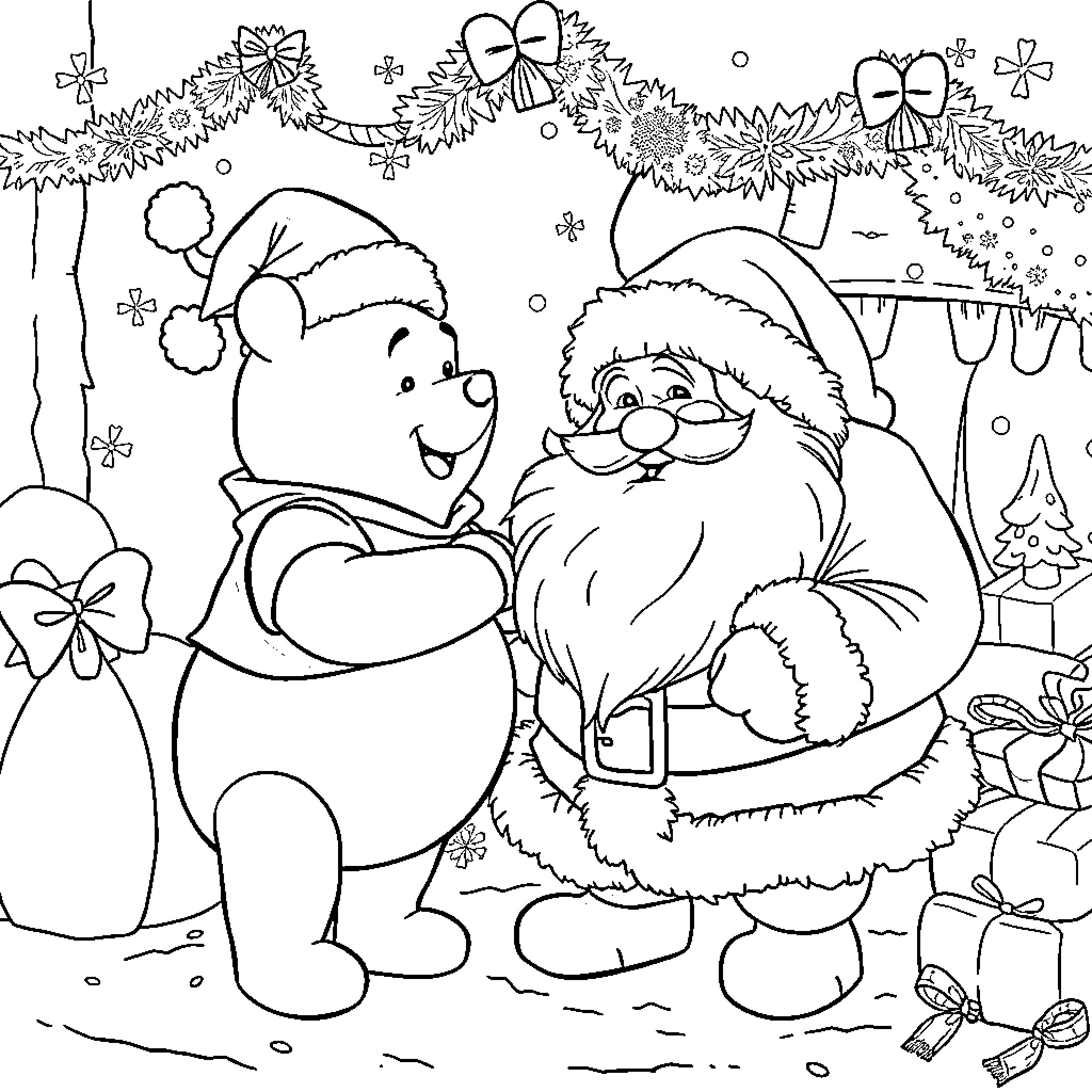 Pooh Bear and Santa Claus in Snowy Winter Wonderland Coloring Page (free black-and-white line drawing printable PDF for all, from beginners to advanced learners, including children, teens, adults, and seniors)