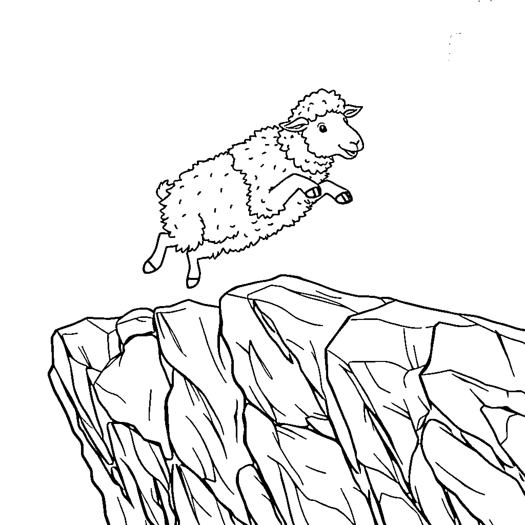 Sheep jumping over rocky cliffs Coloring Page (free black-and-white line drawing printable PDF for all, from beginners to advanced learners, including children, teens, adults, and seniors)