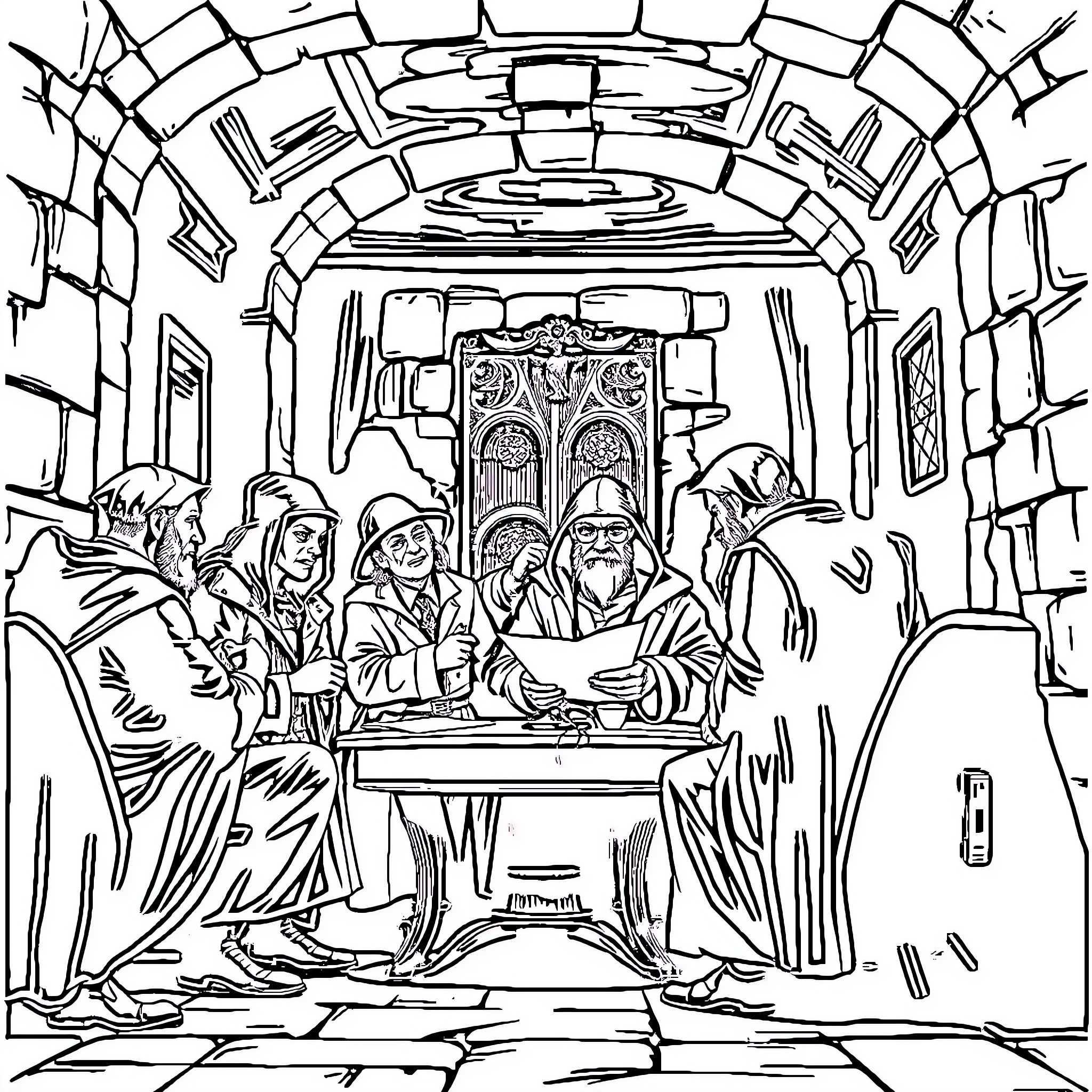 Traitor's Conspiracy in the Clandestine Chamber Coloring Page (free black-and-white line drawing printable PDF for all, from beginners to advanced learners, including children, teens, adults, and seniors)