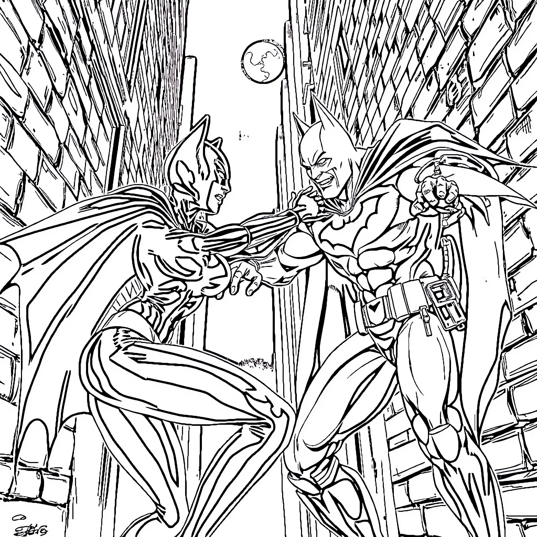 Catwoman and Batman battling in the shadows Coloring Page (free black-and-white line drawing printable PDF for all, from beginners to advanced learners, including children, teens, adults, and seniors)