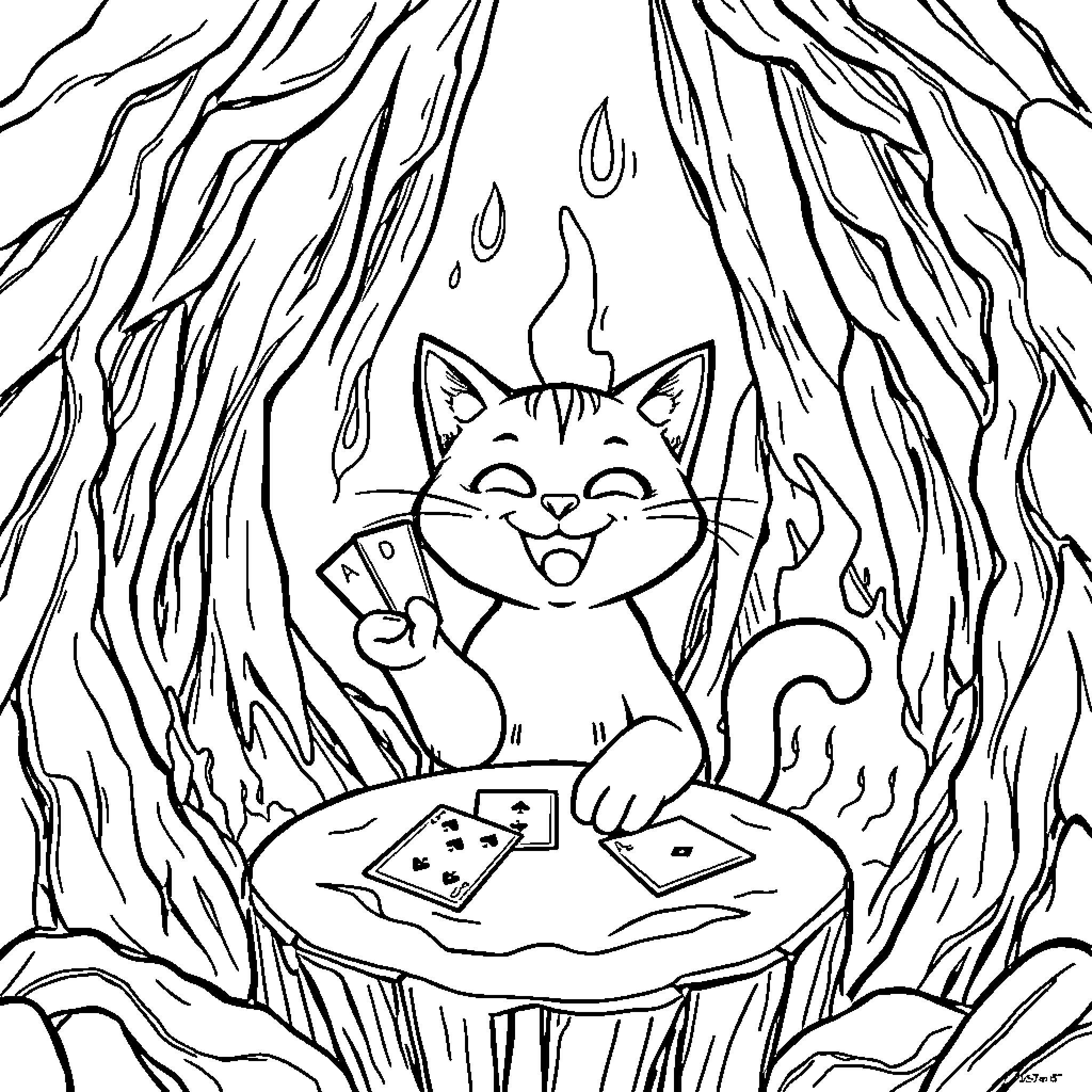 Cat playing with cards in the woods Coloring Page (free black-and-white line drawing printable PDF for all, from beginners to advanced learners, including children, teens, adults, and seniors)