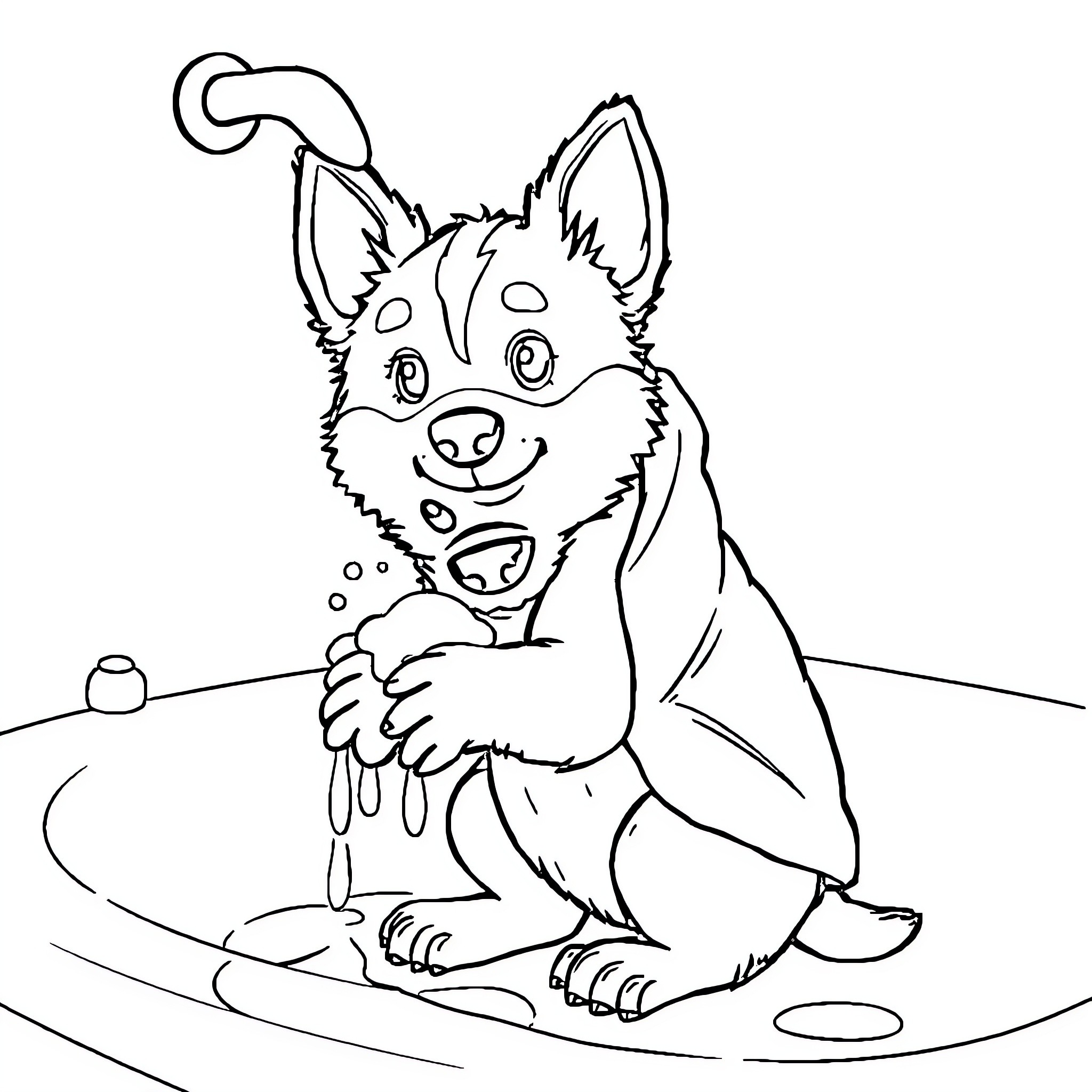 Bluey enjoying a splash in the puddle Coloring Page (free black-and-white line drawing printable PDF for all, from beginners to advanced learners, including children, teens, adults, and seniors)