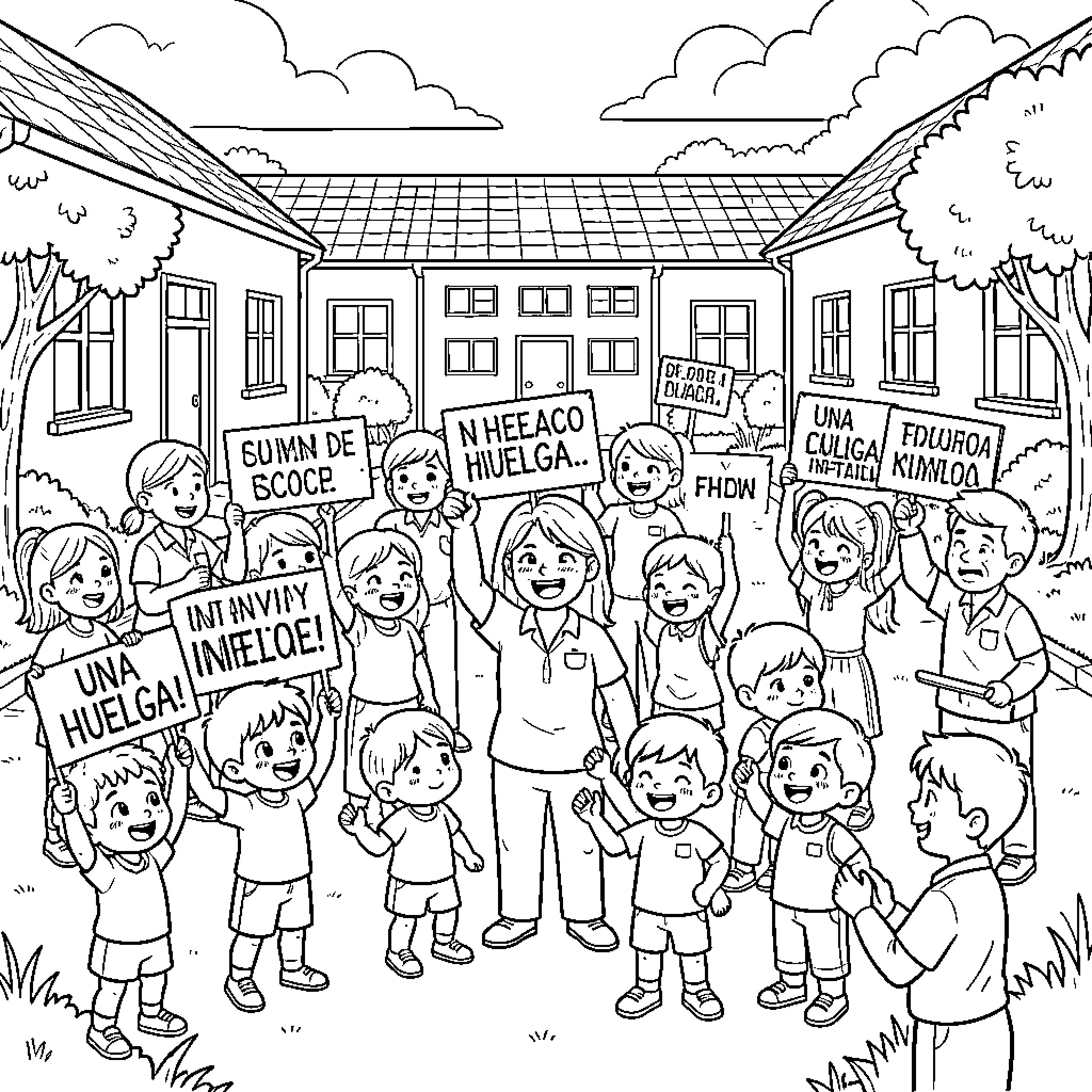 School Protest Scene with Students and Signage Coloring Page (free black-and-white line drawing printable PDF for all, from beginners to advanced learners, including children, teens, adults, and seniors)