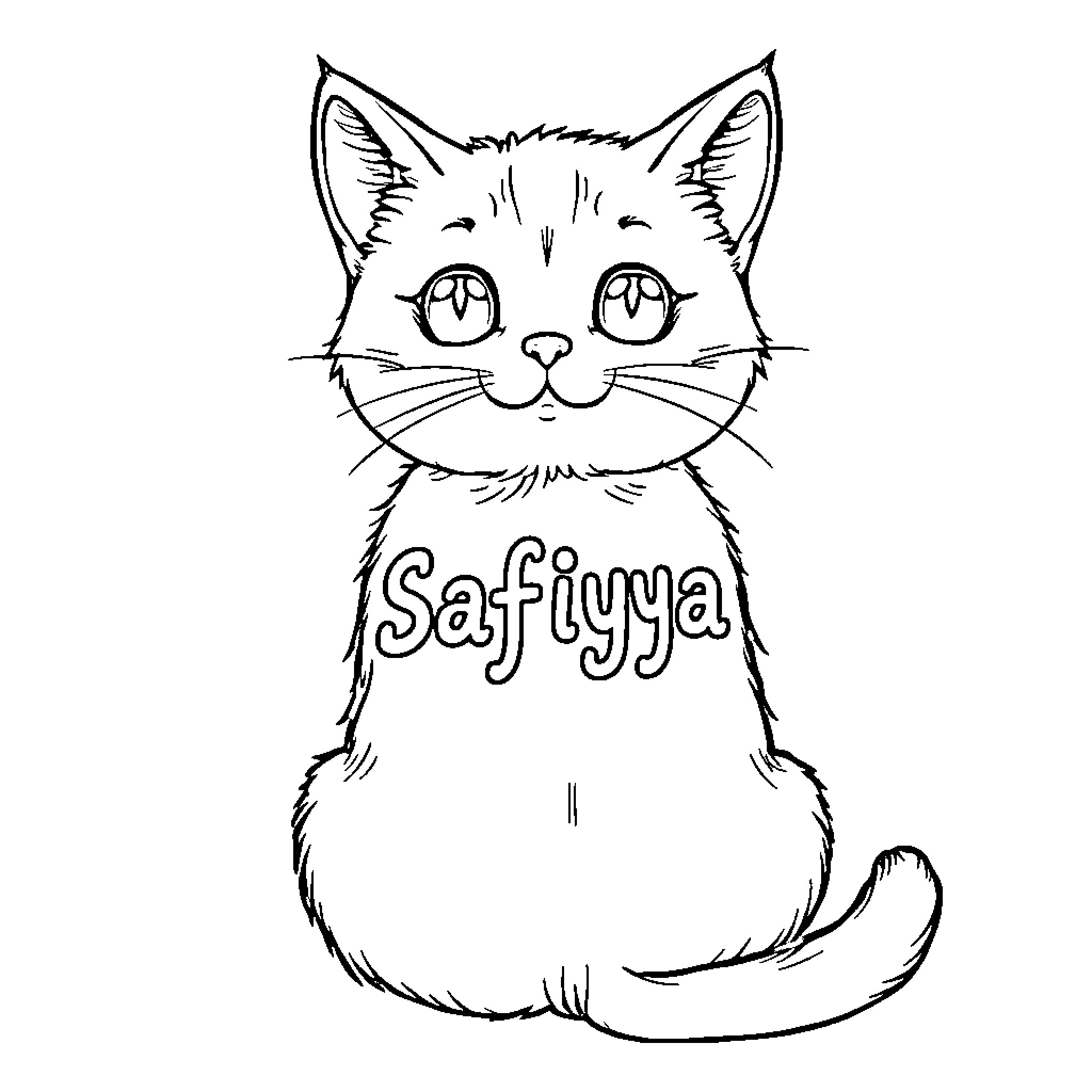 Cat with Safiyya text on its body Coloring Page (free black-and-white line drawing printable PDF for all, from beginners to advanced learners, including children, teens, adults, and seniors)