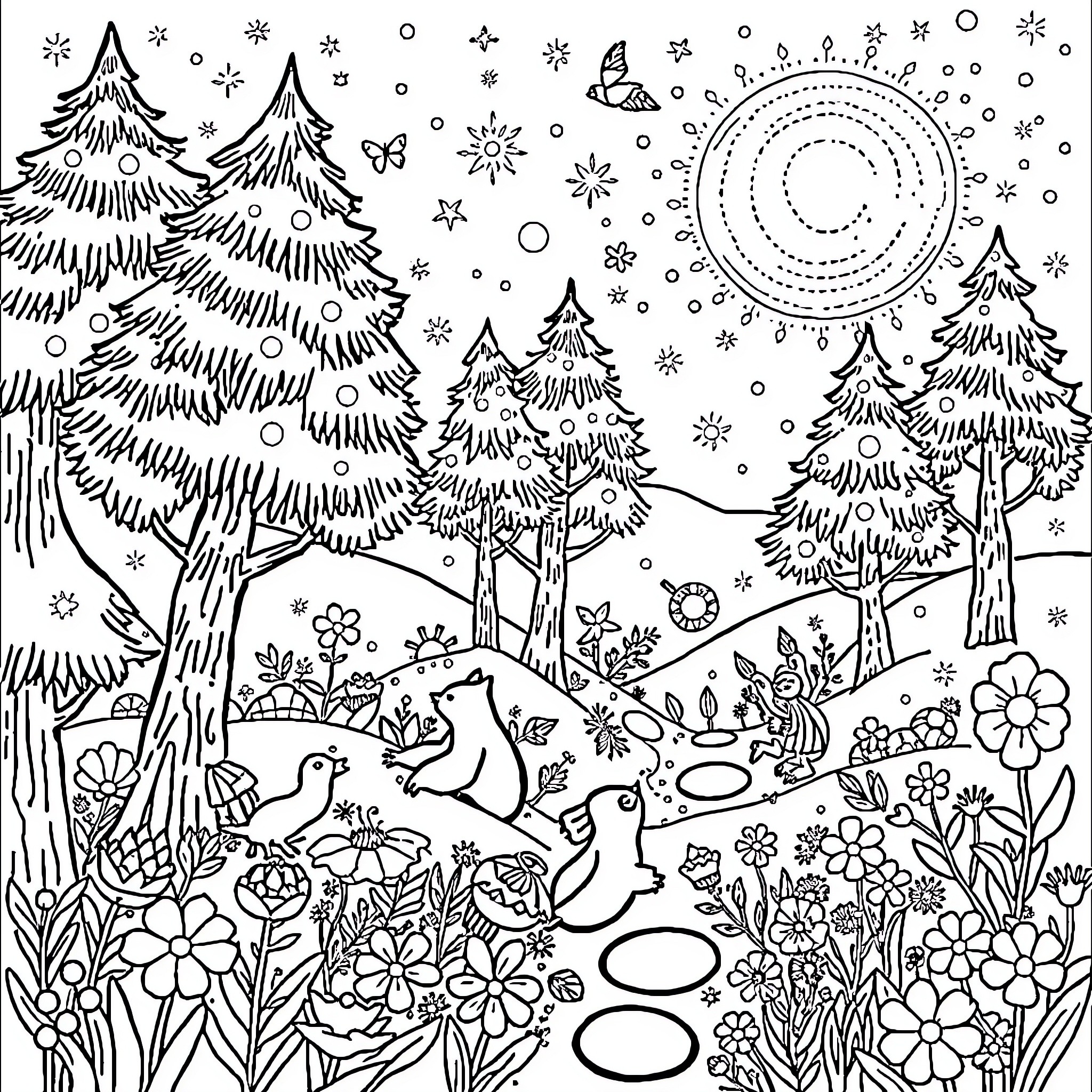 Creature explores whimsical winter wonderland Coloring Page (free black-and-white line drawing printable PDF for all, from beginners to advanced learners, including children, teens, adults, and seniors)