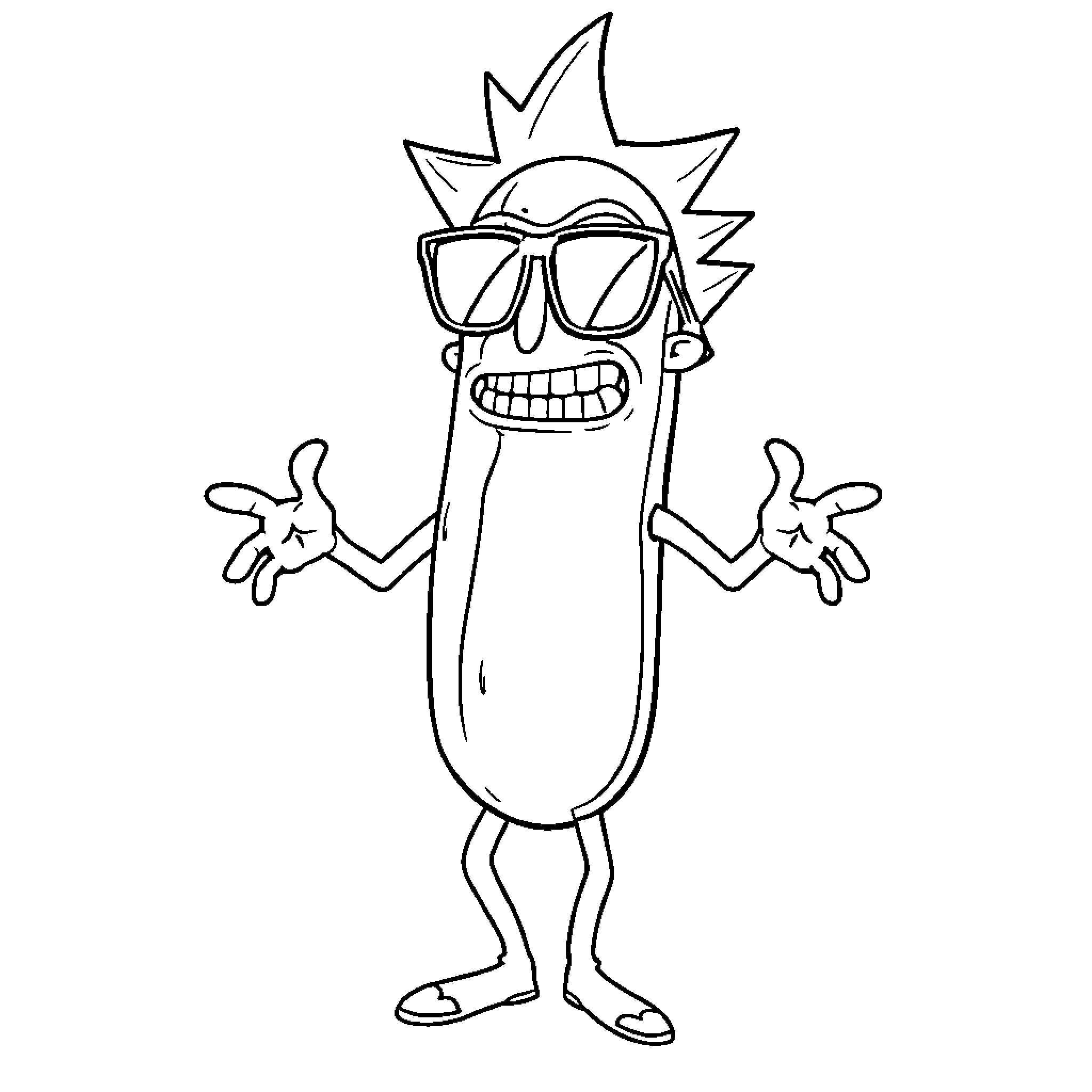 Pickle Rick in Manic Pose Coloring Page (free black-and-white line drawing printable PDF for all, from beginners to advanced learners, including children, teens, adults, and seniors)
