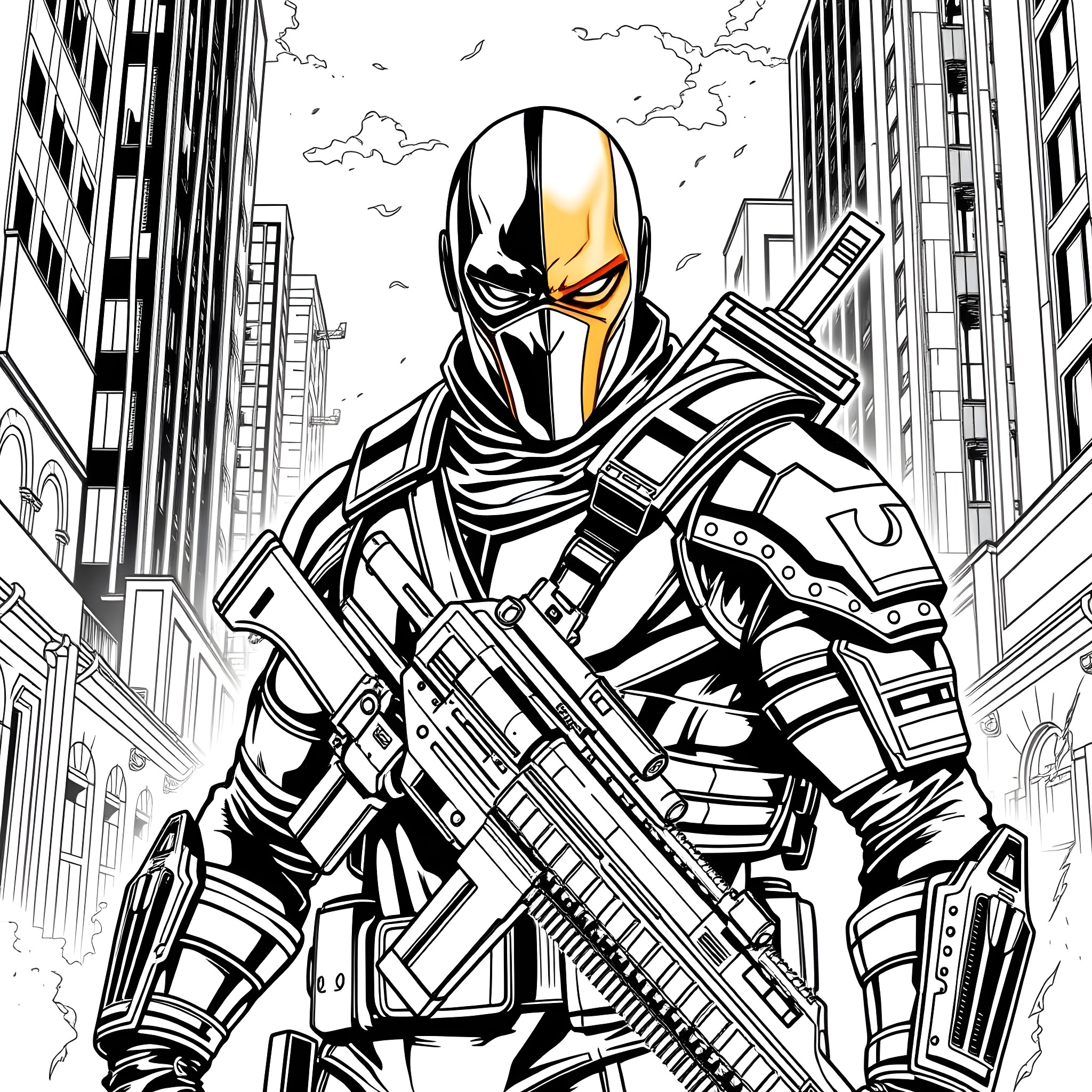 Deathstroke in action with armored combat gear Coloring Page (free black-and-white line drawing printable PDF for all, from beginners to advanced learners, including children, teens, adults, and seniors)