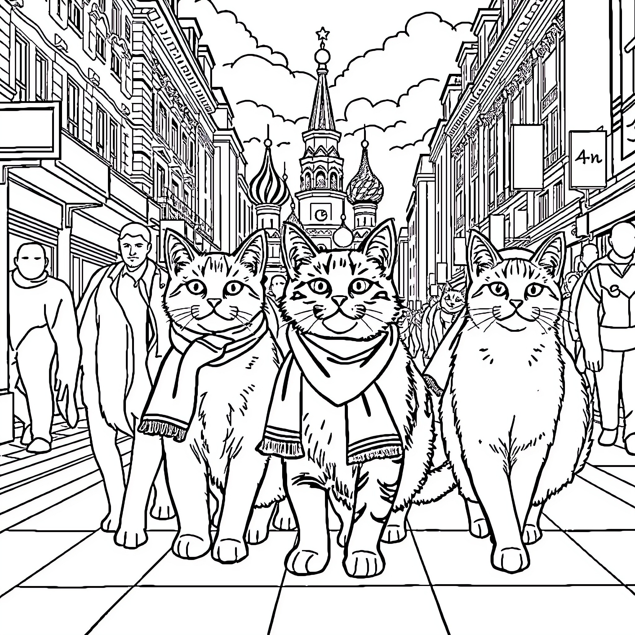 Cats exploring the city streets Coloring Page (free black-and-white line drawing printable PDF for all, from beginners to advanced learners, including children, teens, adults, and seniors)