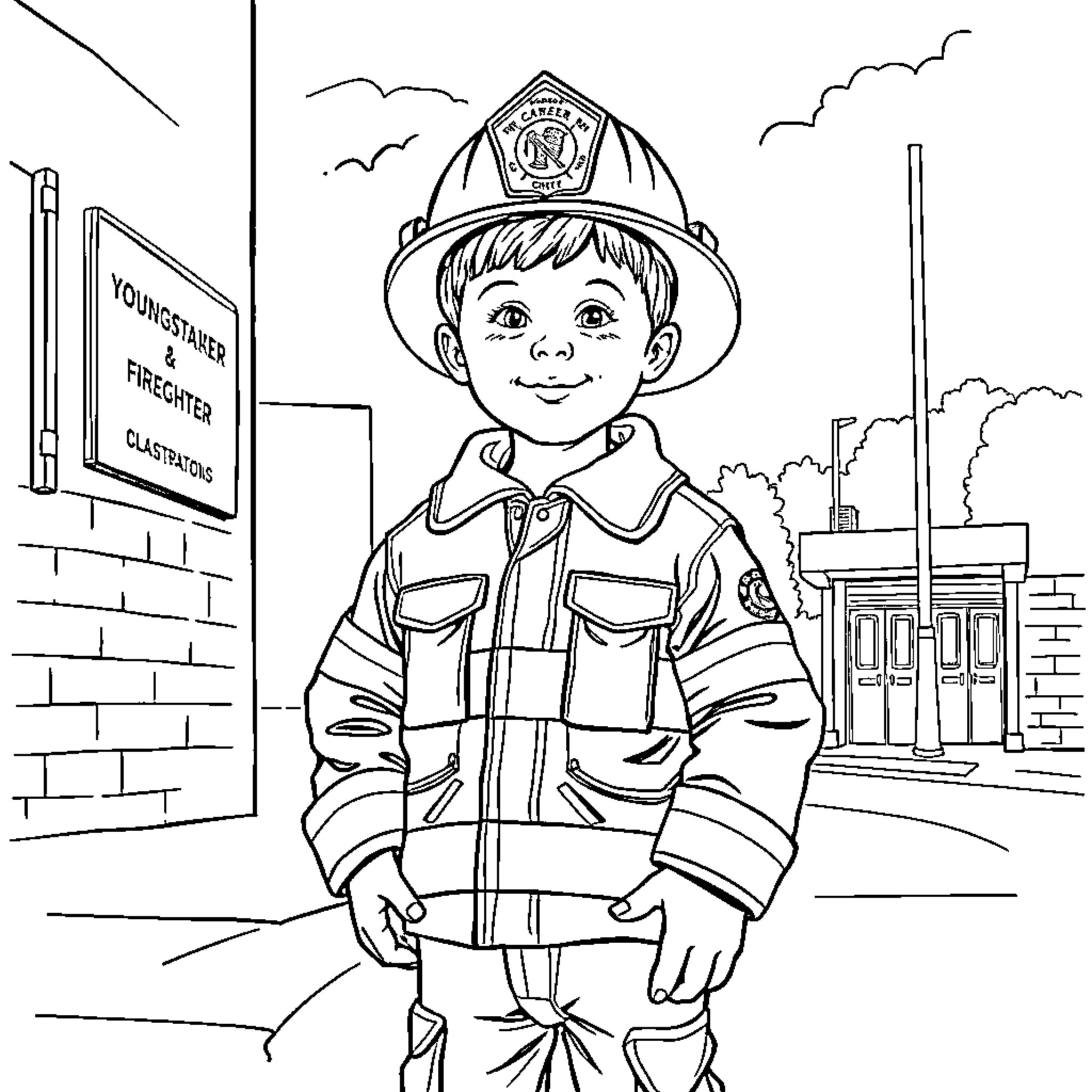 Child Firefighter Serving the Community Coloring Page (free black-and-white line drawing printable PDF for all, from beginners to advanced learners, including children, teens, adults, and seniors)