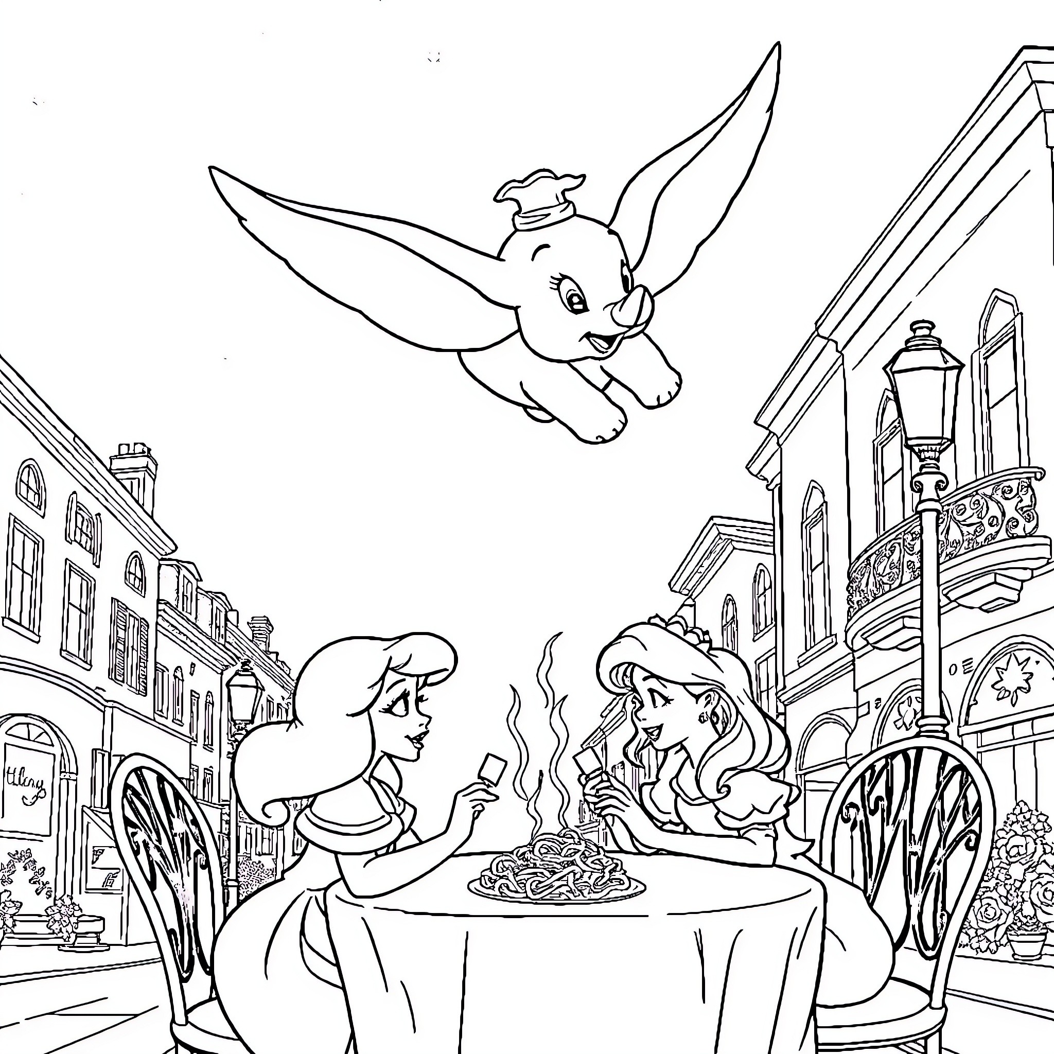 Dumbo soaring over a lively city street Coloring Page (free black-and-white line drawing printable PDF for all, from beginners to advanced learners, including children, teens, adults, and seniors)