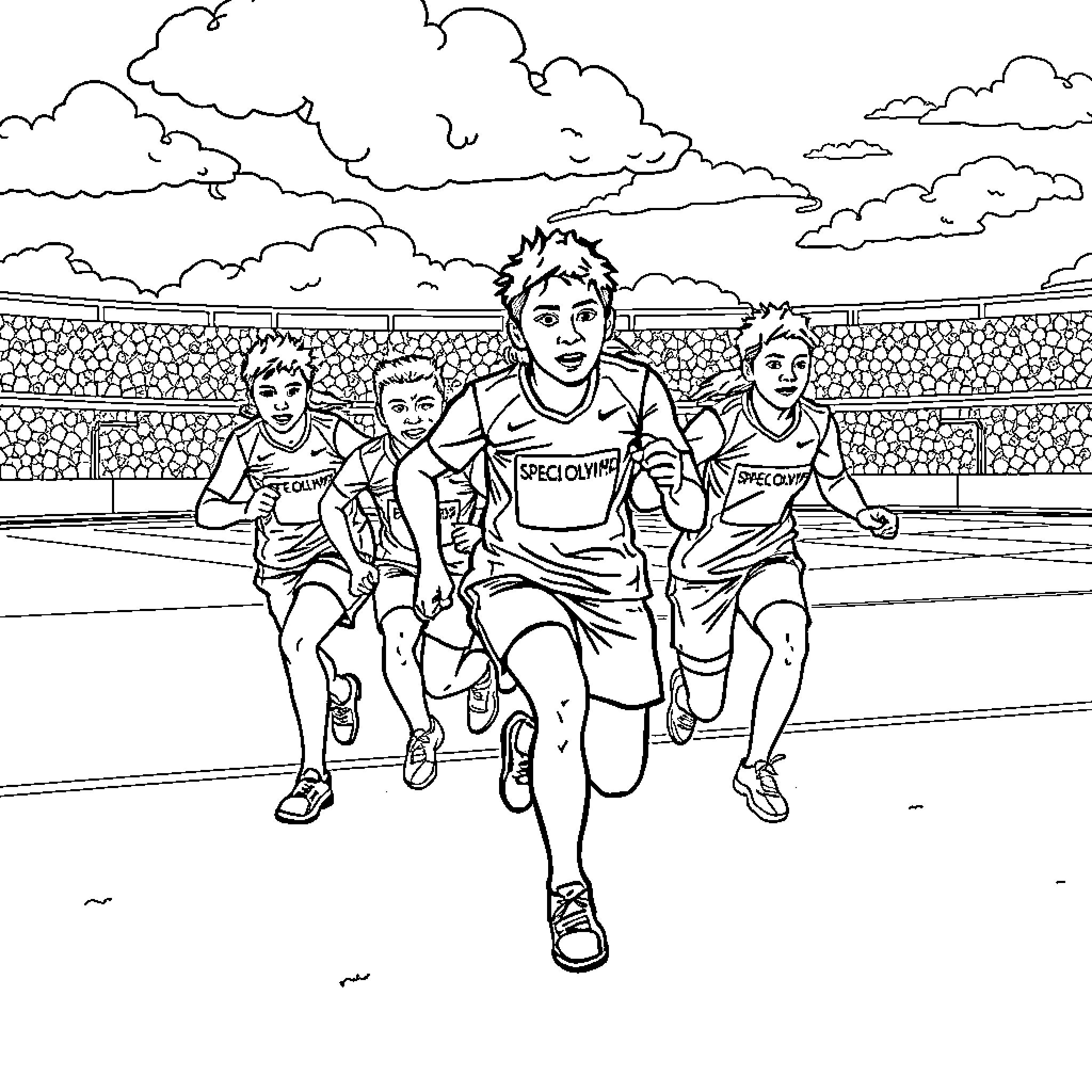 Special Olympics athletes racing on track Coloring Page (free black-and-white line drawing printable PDF for all, from beginners to advanced learners, including children, teens, adults, and seniors)