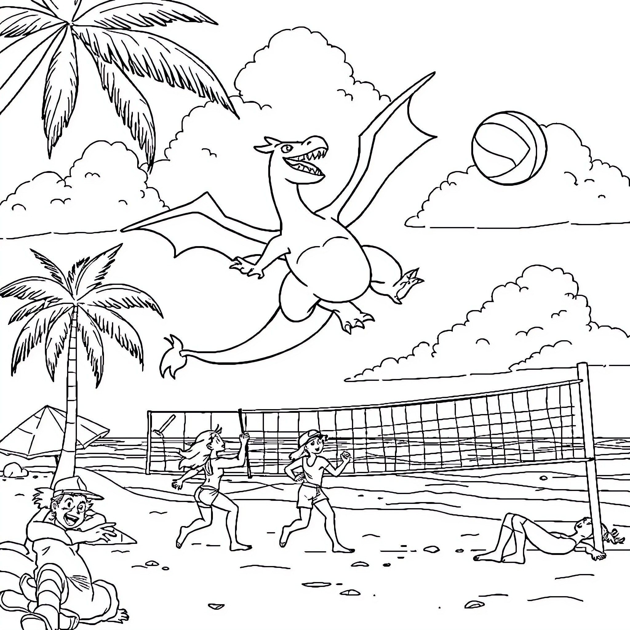 Charizard soaring over a beach volleyball game Coloring Page (free black-and-white line drawing printable PDF for all, from beginners to advanced learners, including children, teens, adults, and seniors)