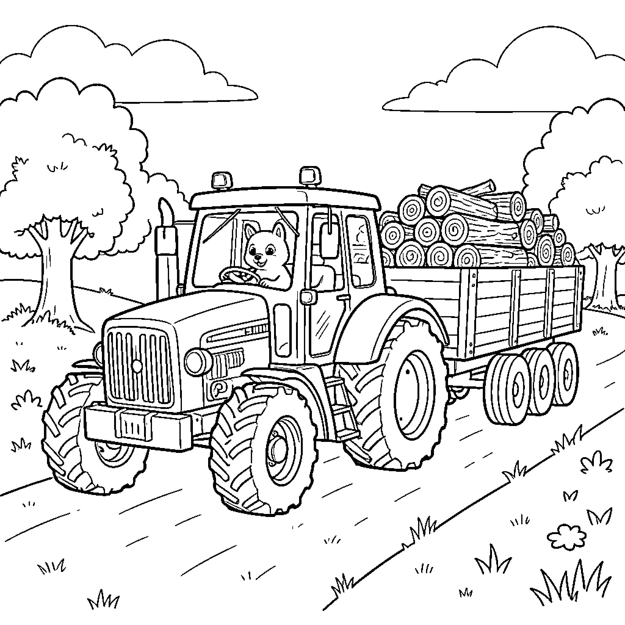 Tracteur driven by a cute dog hauling logs Coloring Page (free black-and-white line drawing printable PDF for all, from beginners to advanced learners, including children, teens, adults, and seniors)