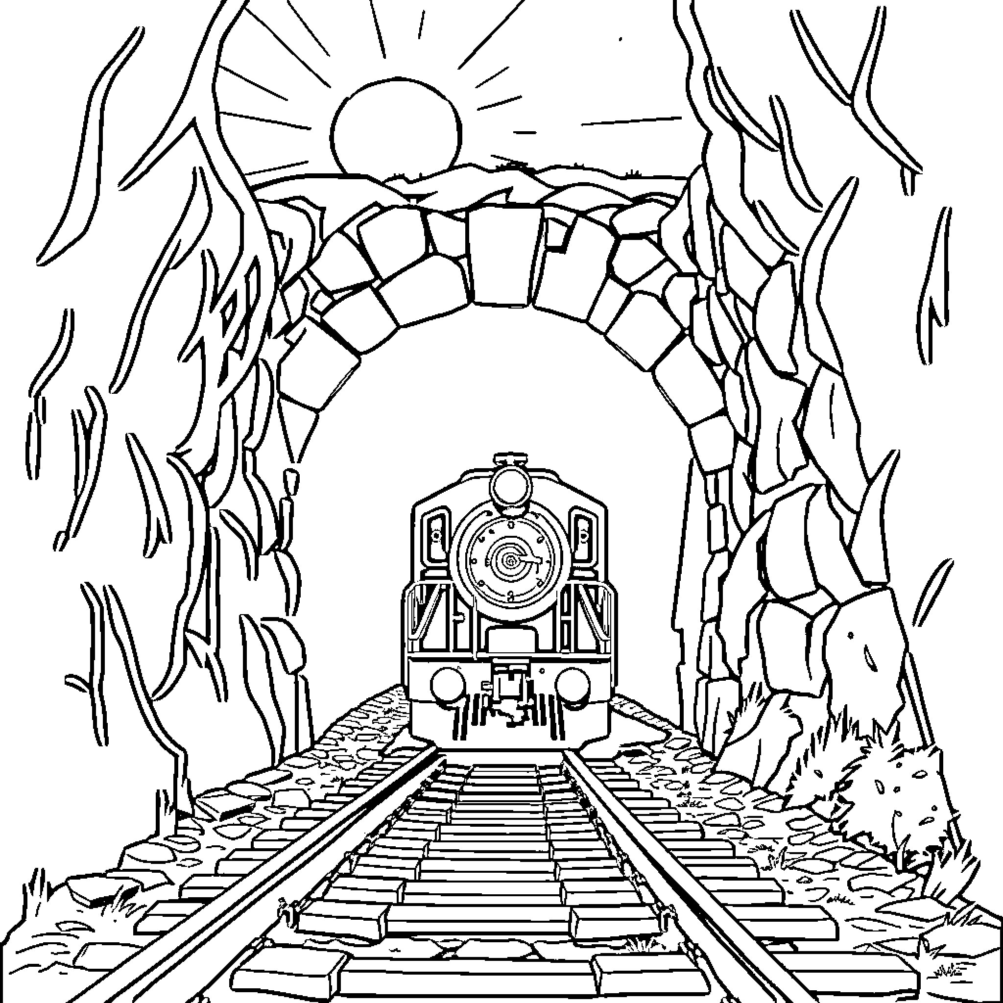 Train Emerging from Mountainous Tunnel Coloring Page (free black-and-white line drawing printable PDF for all, from beginners to advanced learners, including children, teens, adults, and seniors)