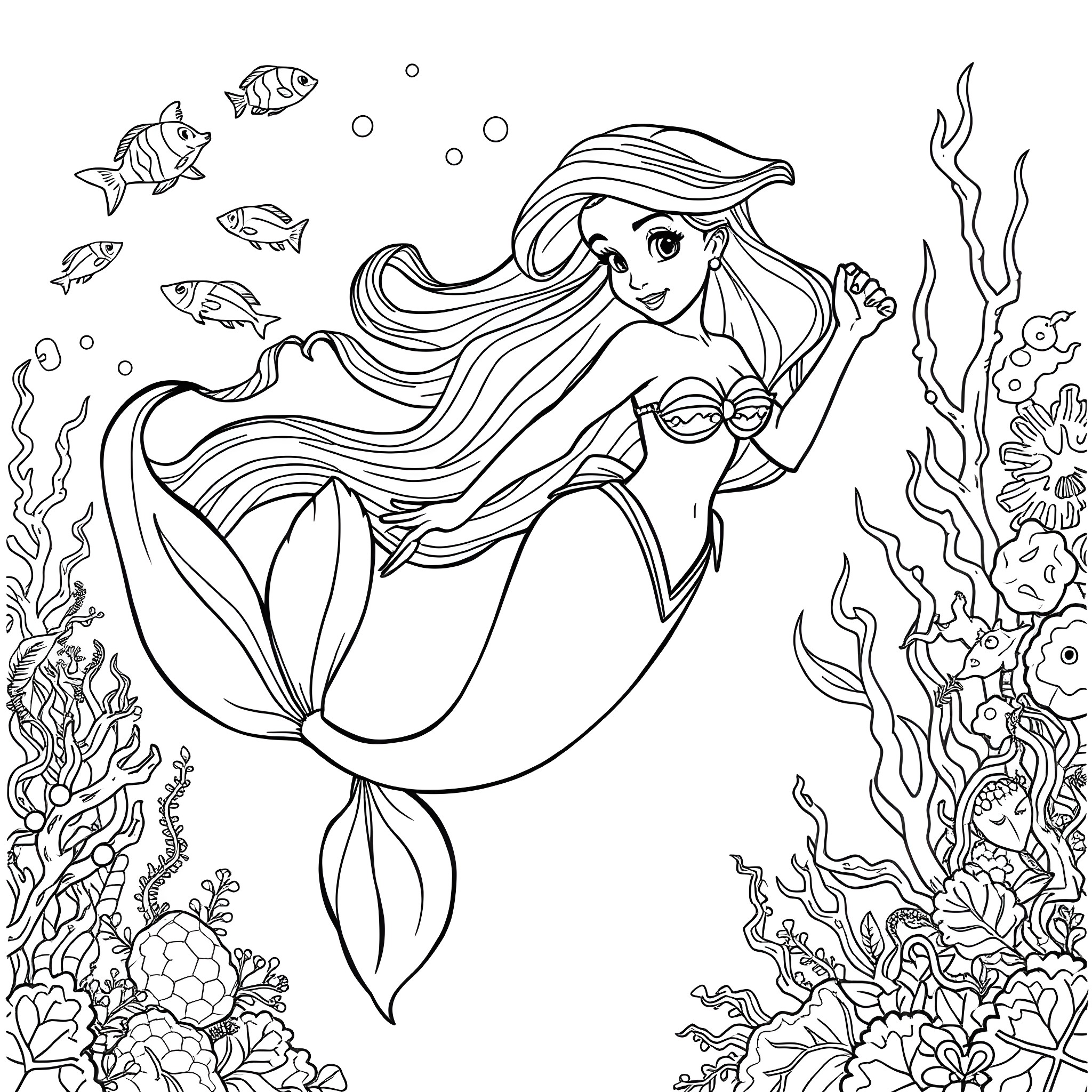 Ariel exploring the underwater world Coloring Page (free black-and-white line drawing printable PDF for all, from beginners to advanced learners, including children, teens, adults, and seniors)