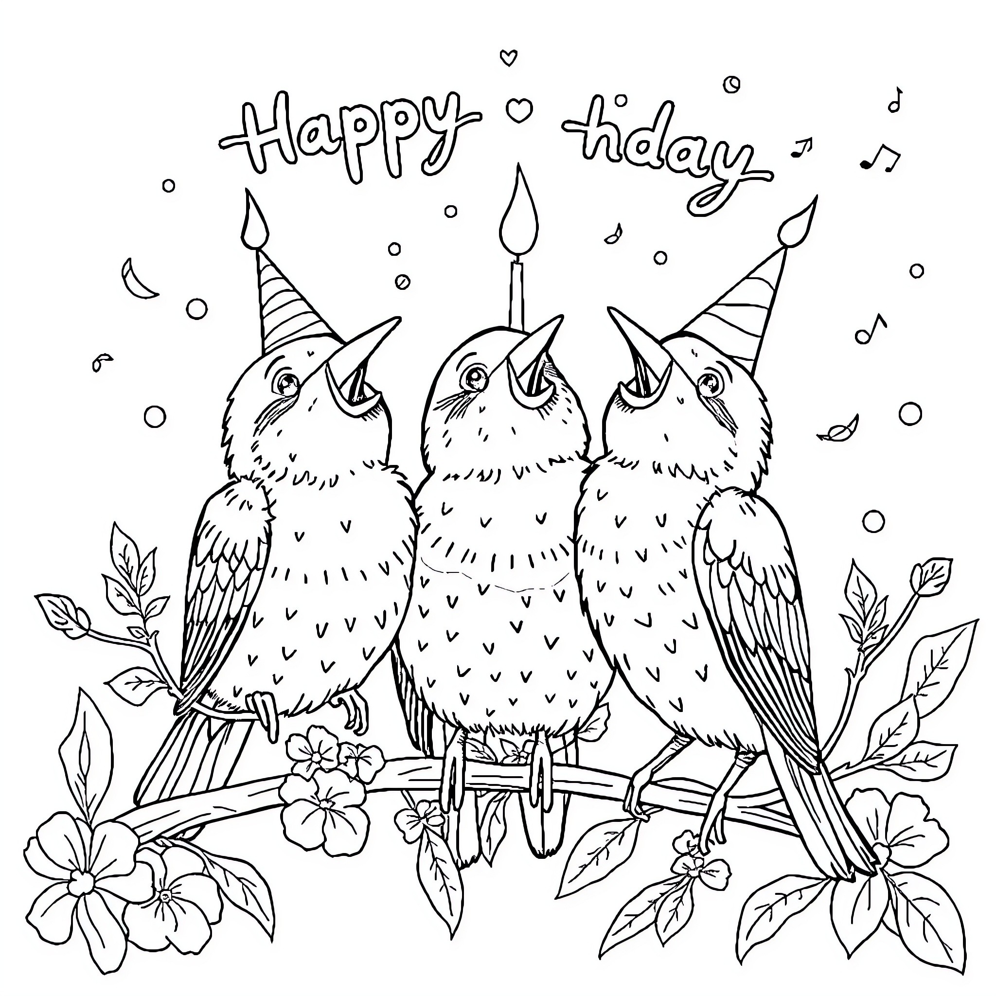 Birds celebrating a happy holiday with festive hats Coloring Page (free black-and-white line drawing printable PDF for all, from beginners to advanced learners, including children, teens, adults, and seniors)