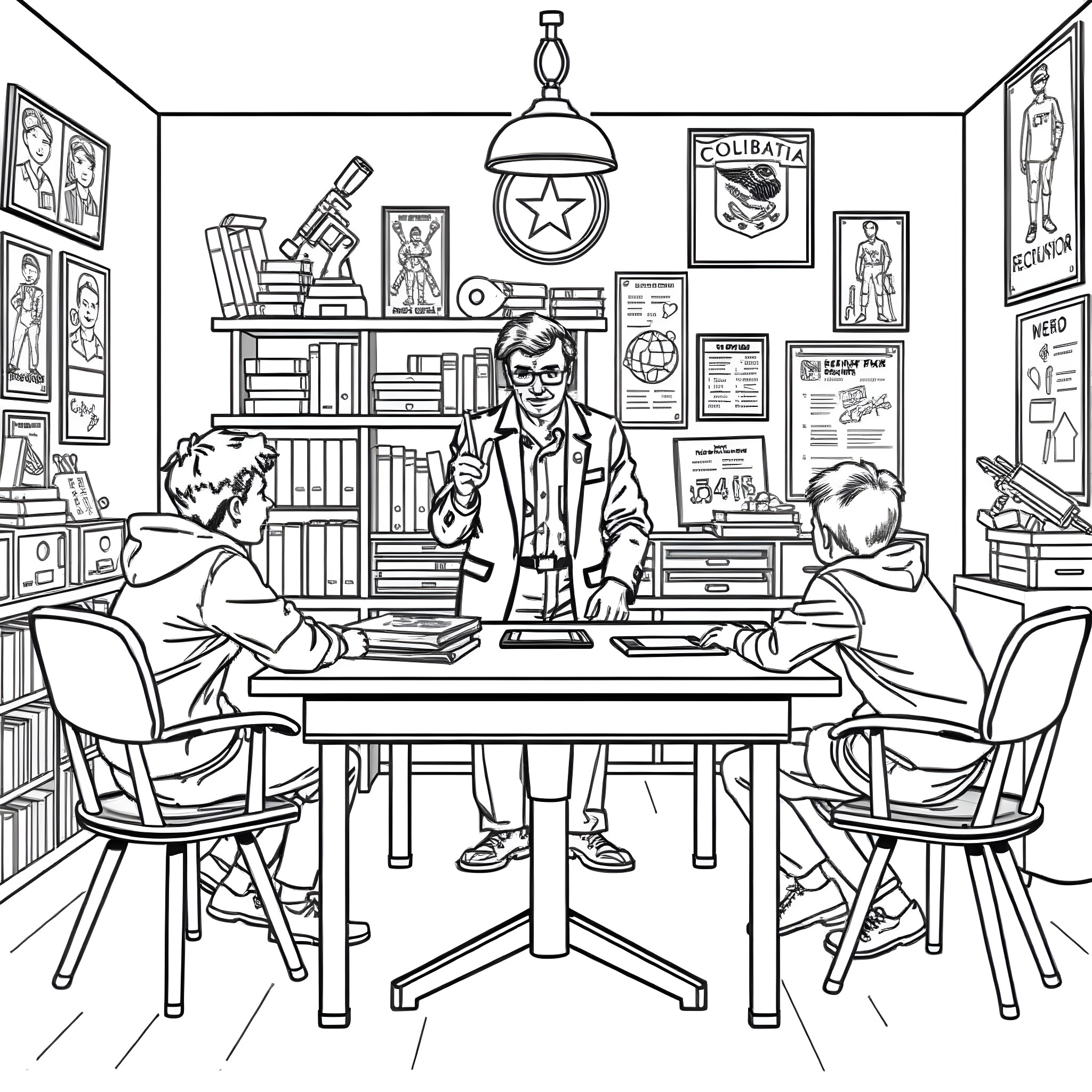Teacher Instructing Students in Classroom Setting Coloring Page (free black-and-white line drawing printable PDF for all, from beginners to advanced learners, including children, teens, adults, and seniors)