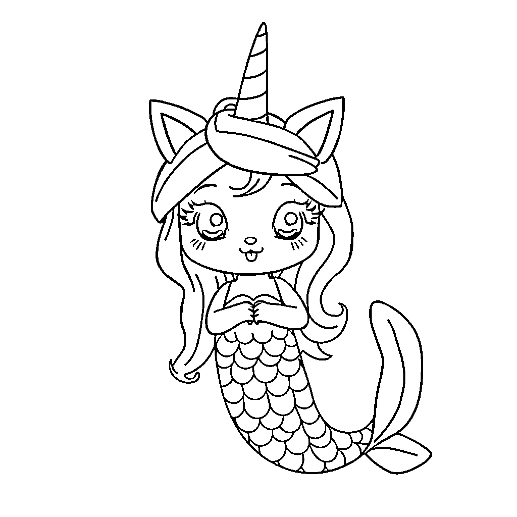 Mermaid with Unicorn Horn Smiling Cheerfully Coloring Page (free black-and-white line drawing printable PDF for all, from beginners to advanced learners, including children, teens, adults, and seniors)