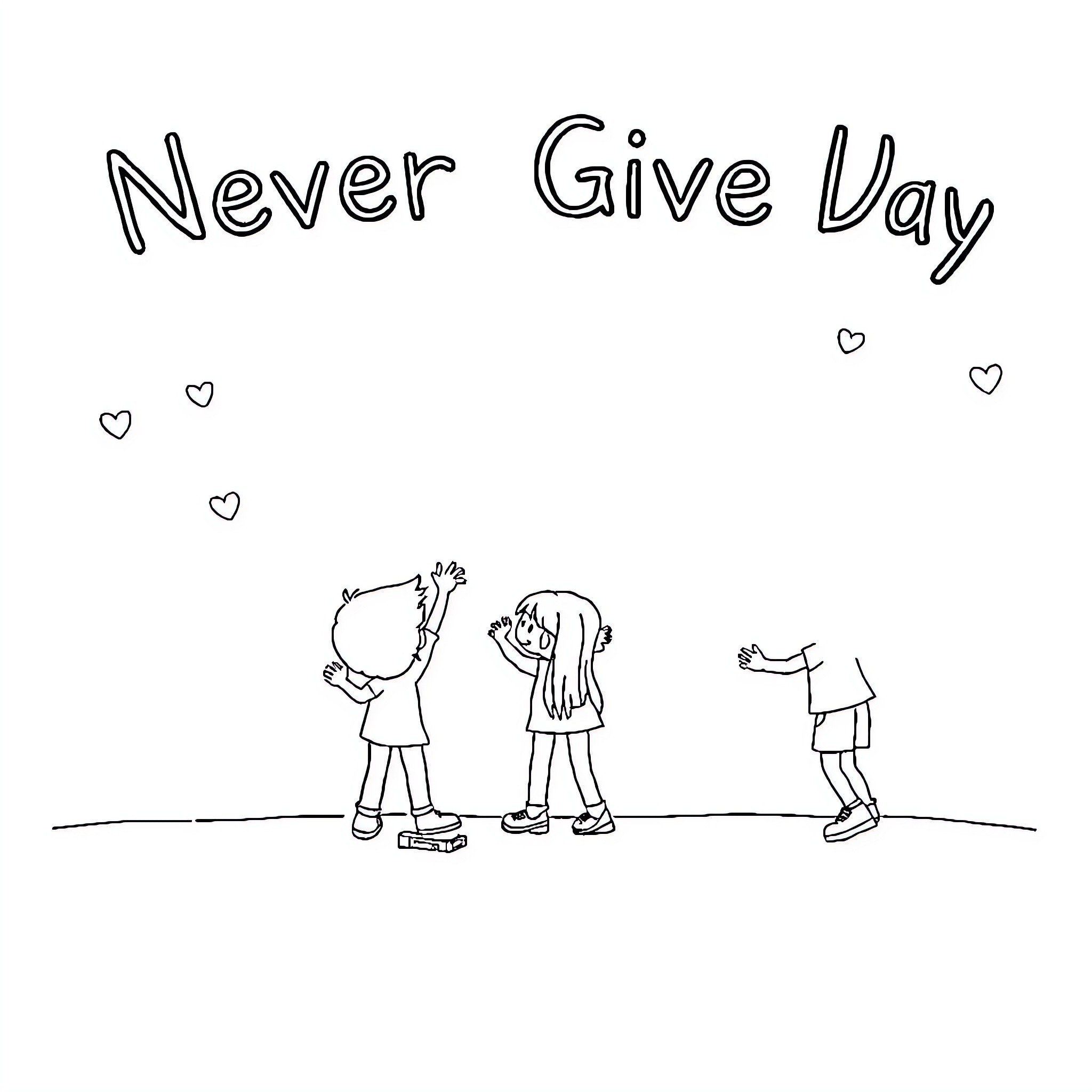 Never Give Up Day: Children supporting each other Coloring Page (free black-and-white line drawing printable PDF for all, from beginners to advanced learners, including children, teens, adults, and seniors)