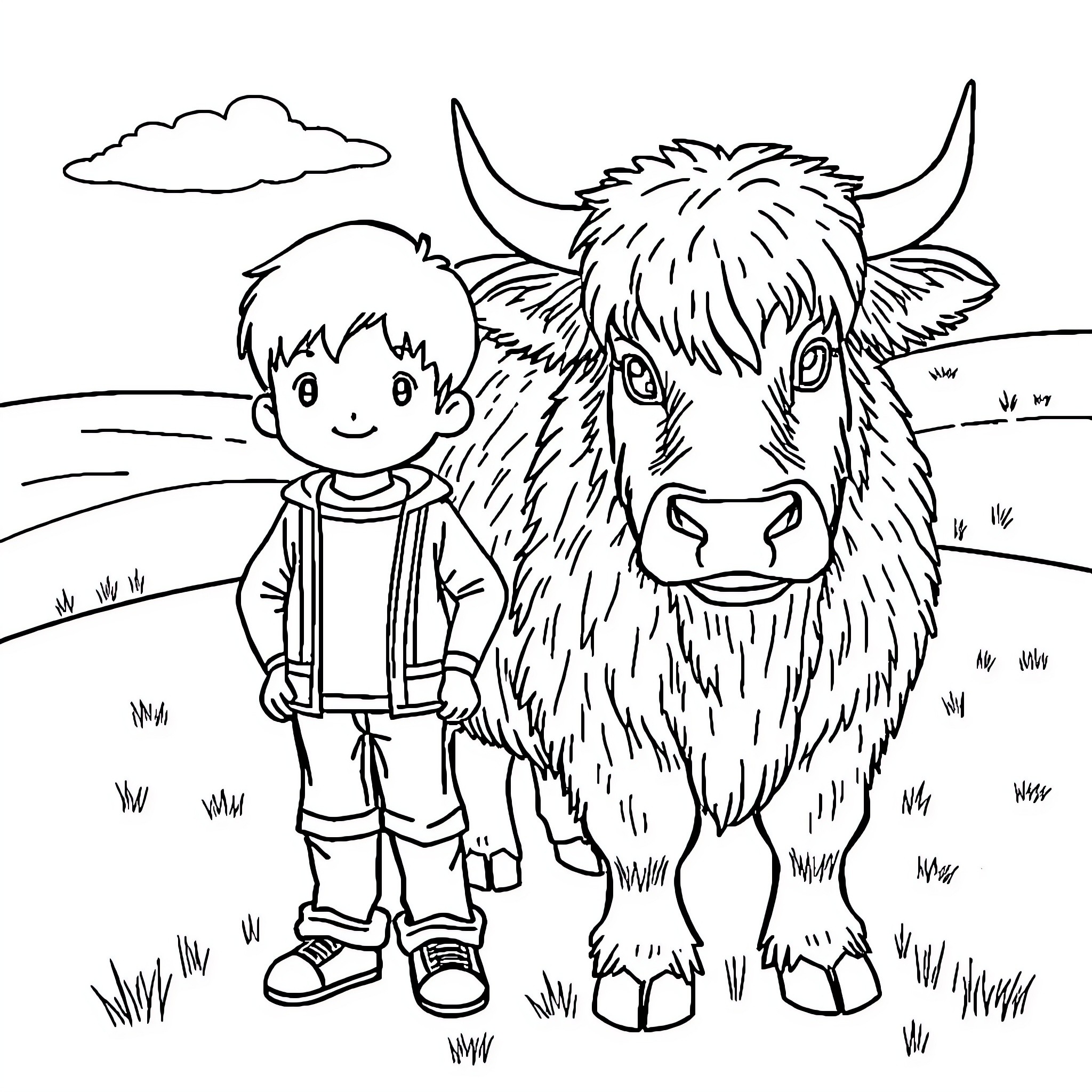 Highland Cow and Boy in the Countryside Coloring Page (free black-and-white line drawing printable PDF for all, from beginners to advanced learners, including children, teens, adults, and seniors)