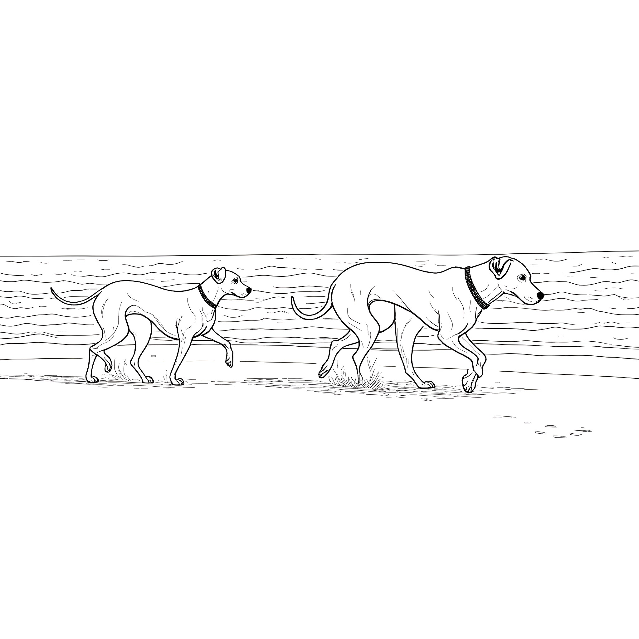 Great Dane dogs running on the beach Coloring Page (free black-and-white line drawing printable PDF for all, from beginners to advanced learners, including children, teens, adults, and seniors)