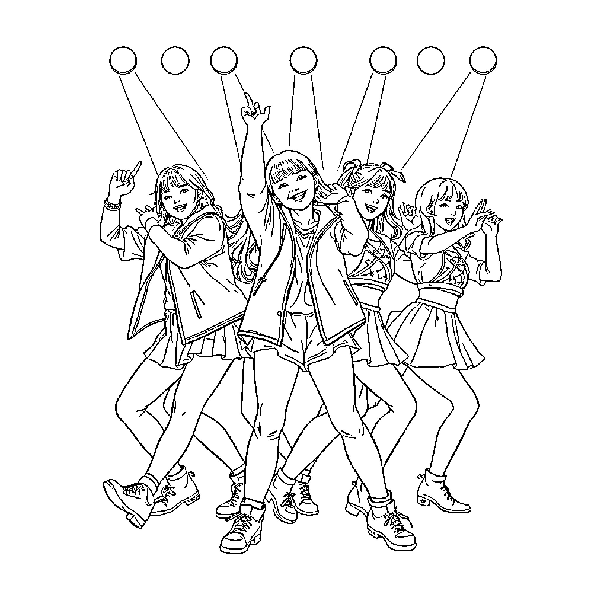 Kpop Group Performing with Energetic Poses Coloring Page (free black-and-white line drawing printable PDF for all, from beginners to advanced learners, including children, teens, adults, and seniors)