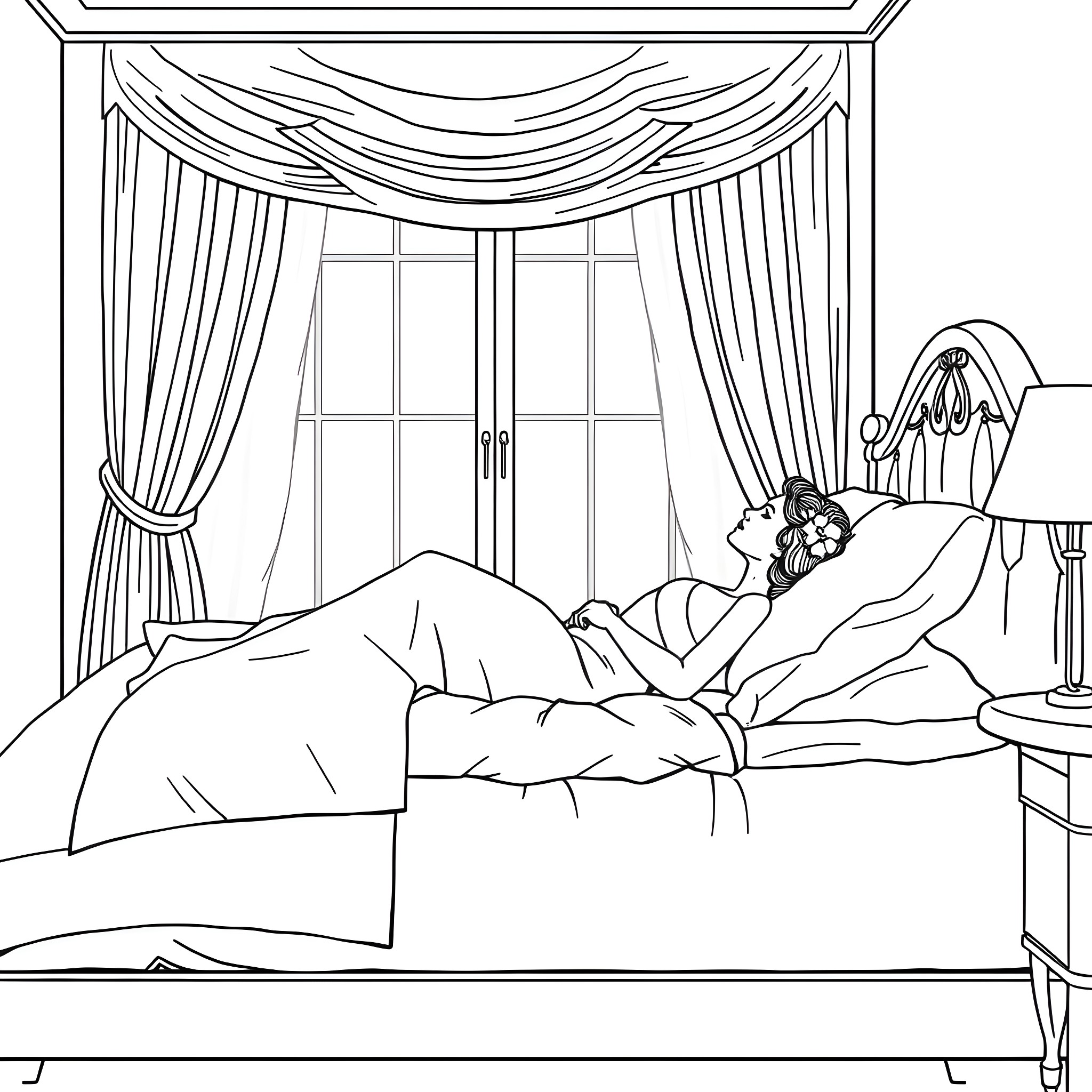 Lady resting peacefully in her bedroom Coloring Page (free black-and-white line drawing printable PDF for all, from beginners to advanced learners, including children, teens, adults, and seniors)