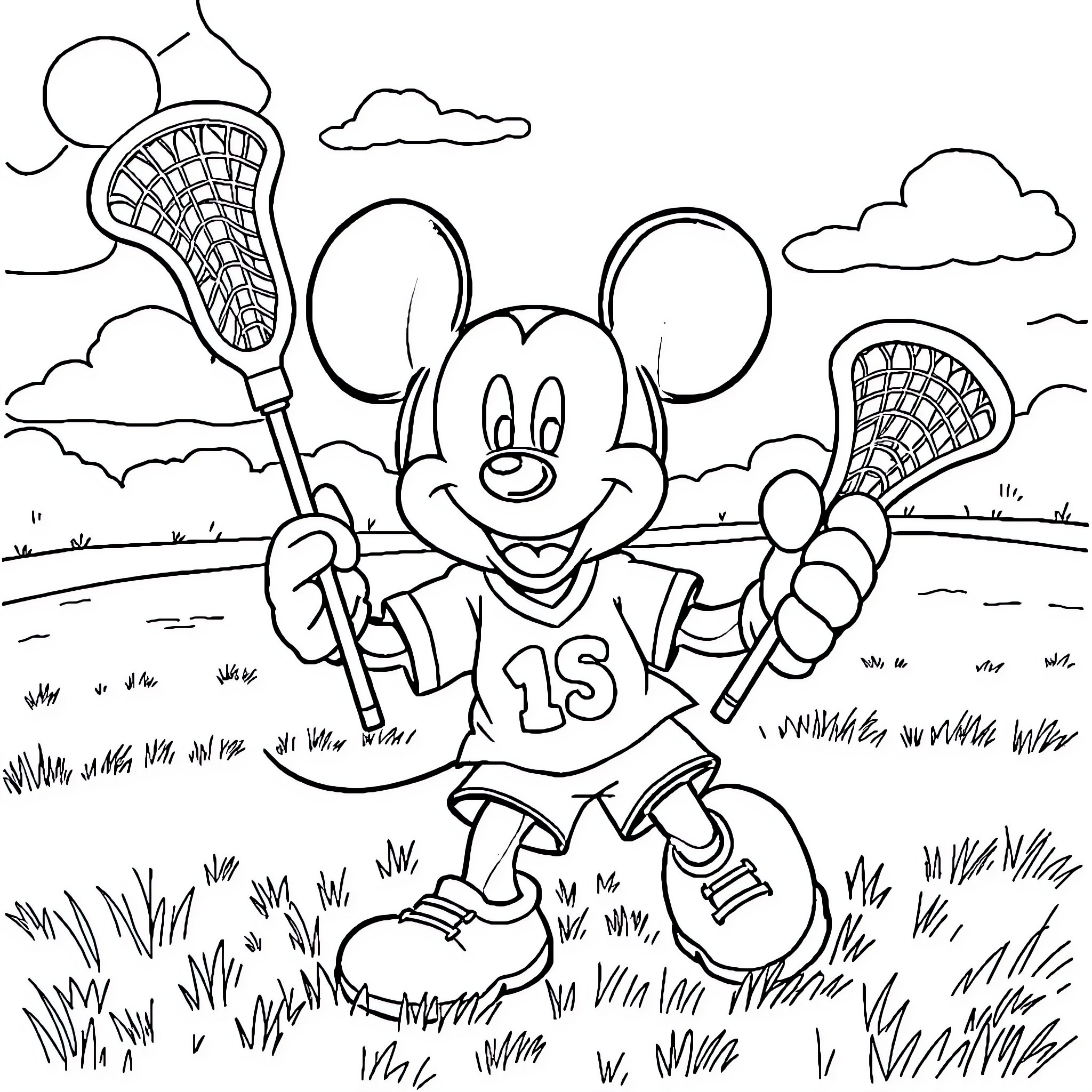 Mickey Mouse playing lacrosse in the park Coloring Page (free black-and-white line drawing printable PDF for all, from beginners to advanced learners, including children, teens, adults, and seniors)