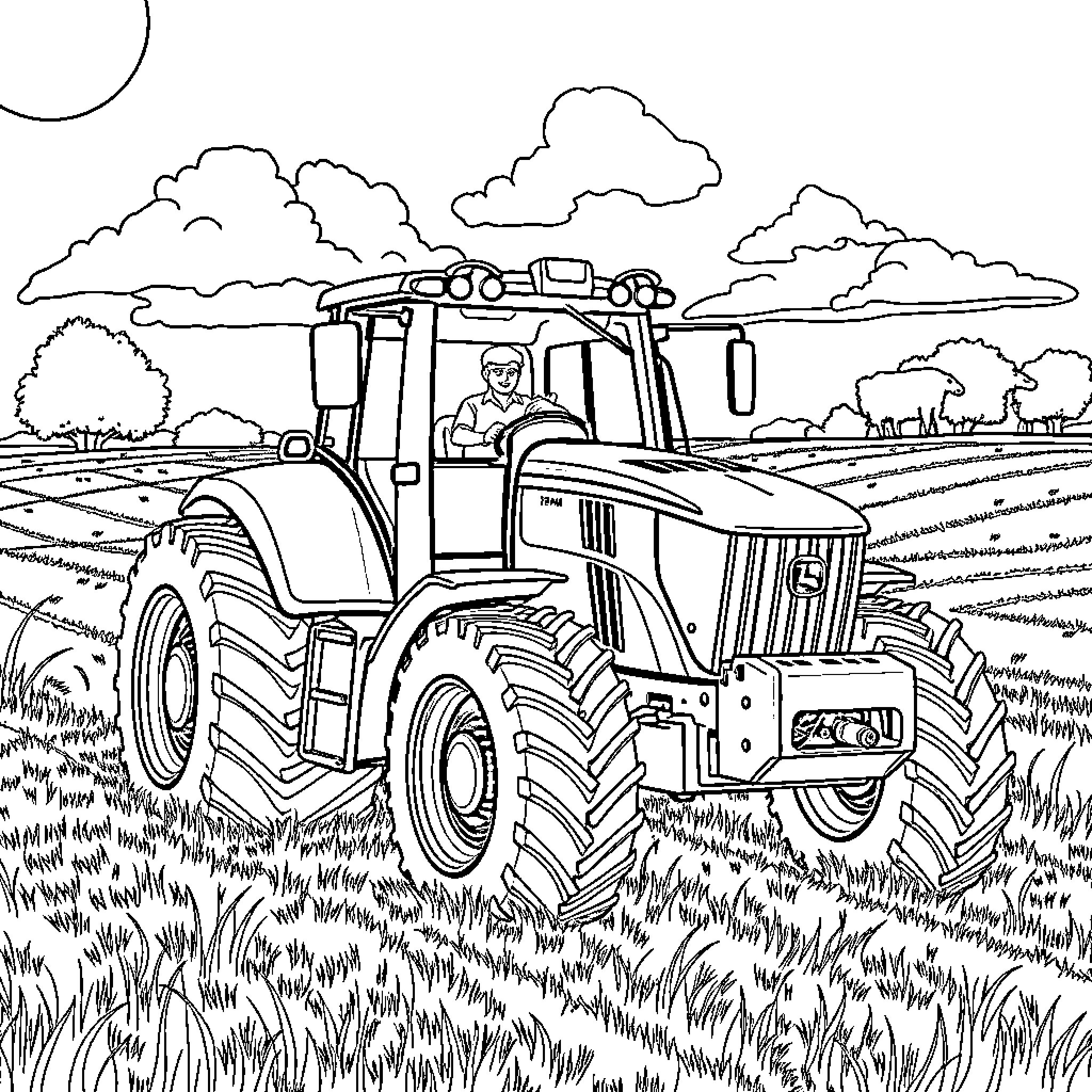 Tractor working in the field with cloudy sky Coloring Page (free black-and-white line drawing printable PDF for all, from beginners to advanced learners, including children, teens, adults, and seniors)