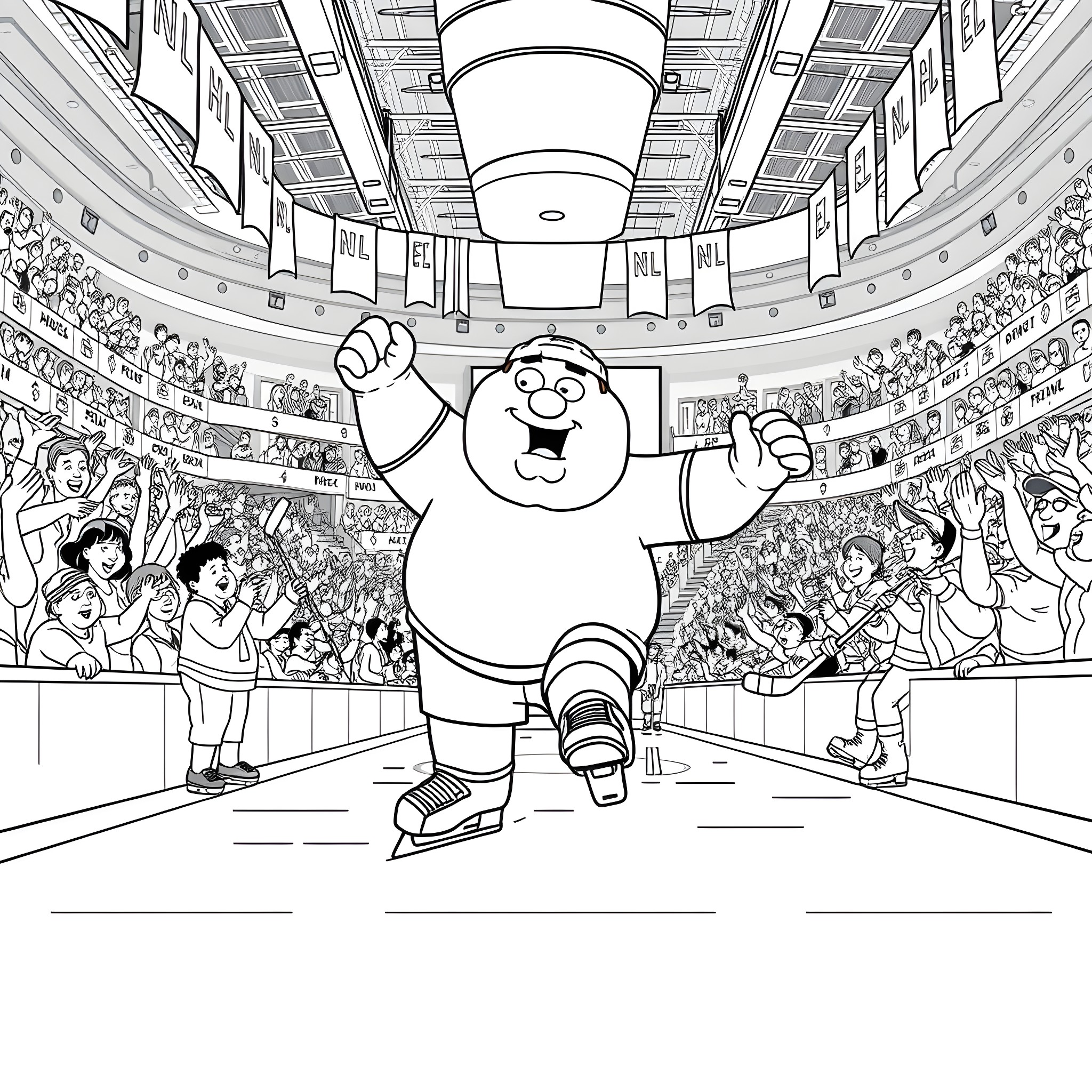 Peter Griffin Celebrating Victory in the Stadium Coloring Page (free black-and-white line drawing printable PDF for all, from beginners to advanced learners, including children, teens, adults, and seniors)