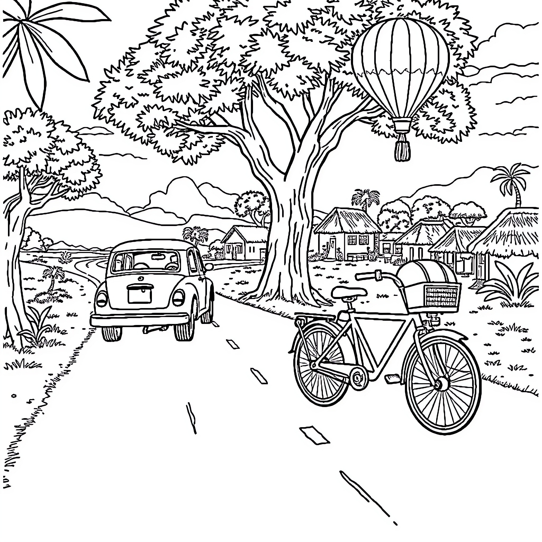 Car Travels Through Tropical Landscape with Bicycle Coloring Page (free black-and-white line drawing printable PDF for all, from beginners to advanced learners, including children, teens, adults, and seniors)