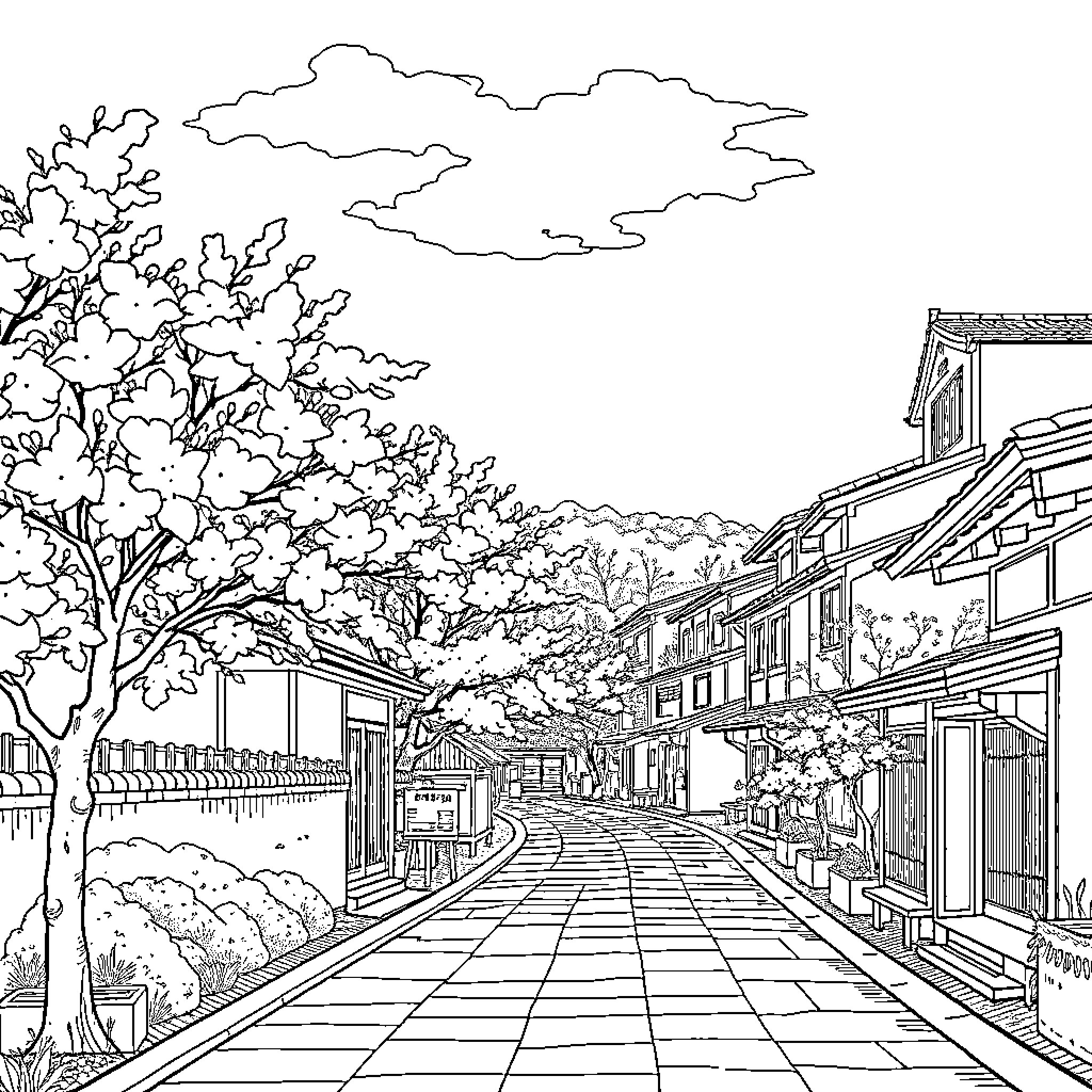 Neighborhood of traditional Japanese architecture amid blooming cherry blossoms Coloring Page (free black-and-white line drawing printable PDF for all, from beginners to advanced learners, including children, teens, adults, and seniors)