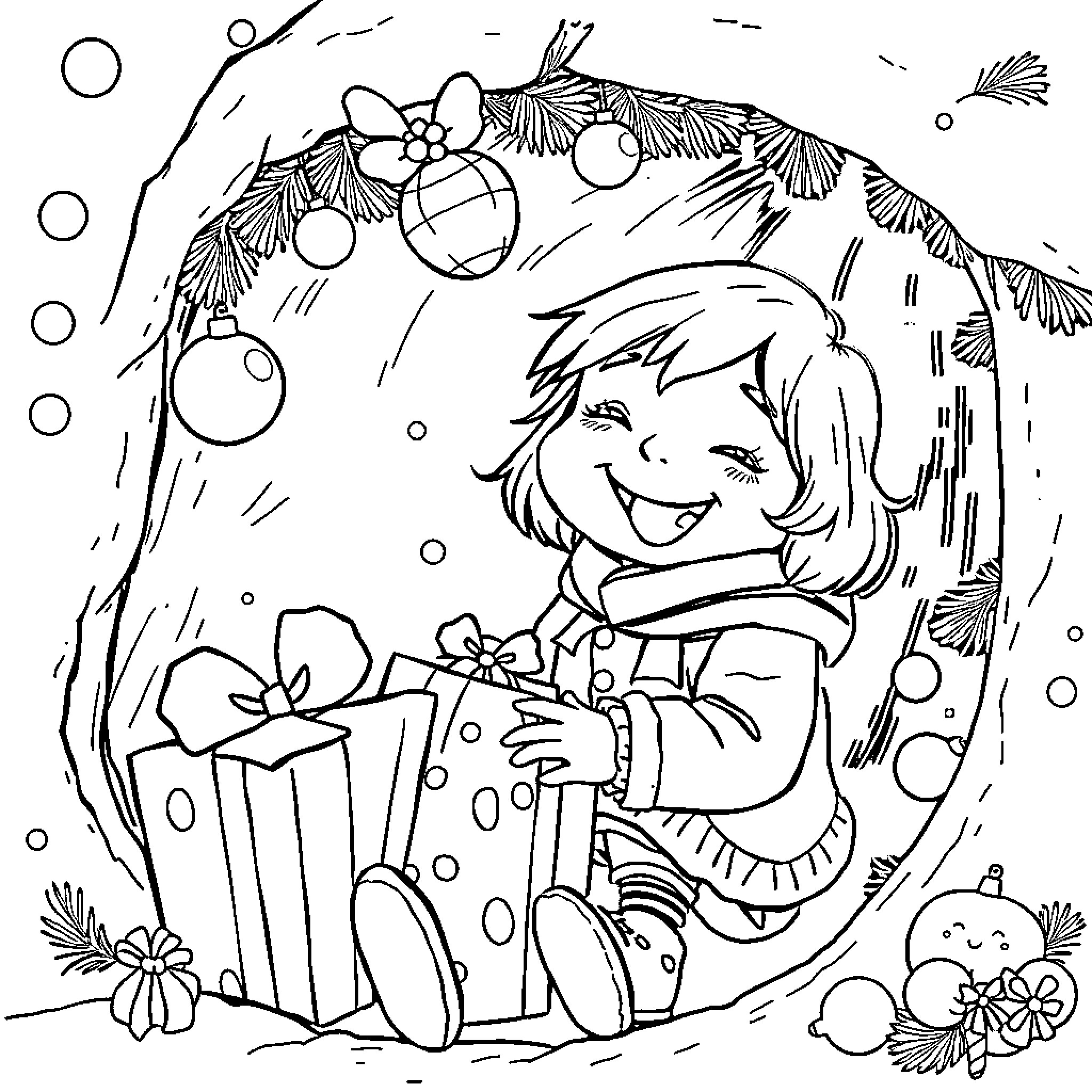 Girl Happily Opening a Gift in a Winter Wonderland Coloring Page (free black-and-white line drawing printable PDF for all, from beginners to advanced learners, including children, teens, adults, and seniors)
