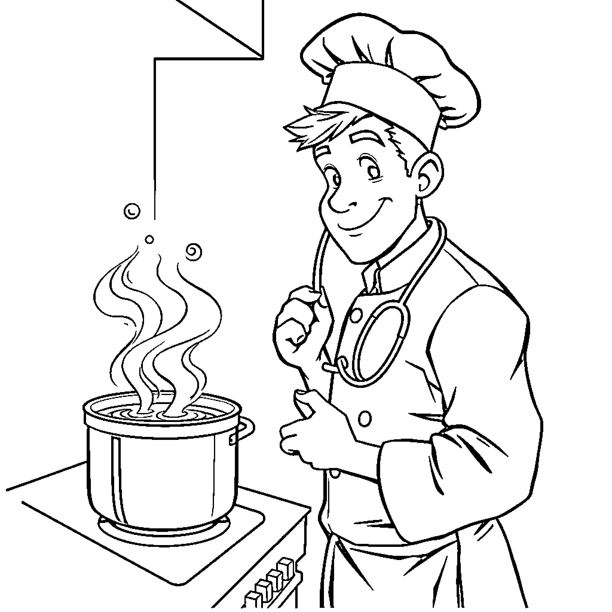 Chef cooking enthusiastically in the kitchen Coloring Page (free black-and-white line drawing printable PDF for all, from beginners to advanced learners, including children, teens, adults, and seniors)