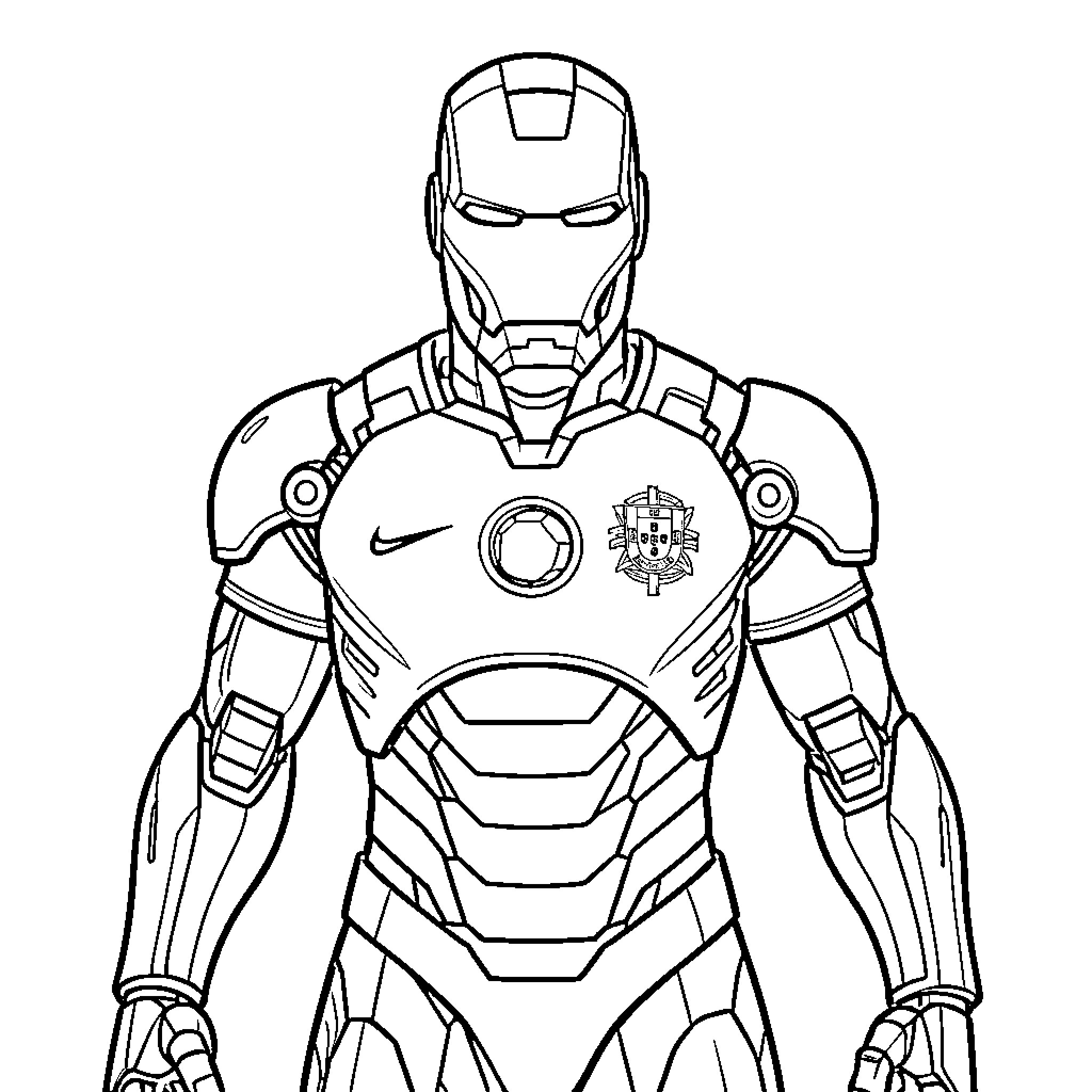 Ironman standing in a powerful heroic pose Coloring Page (free black-and-white line drawing printable PDF for all, from beginners to advanced learners, including children, teens, adults, and seniors)