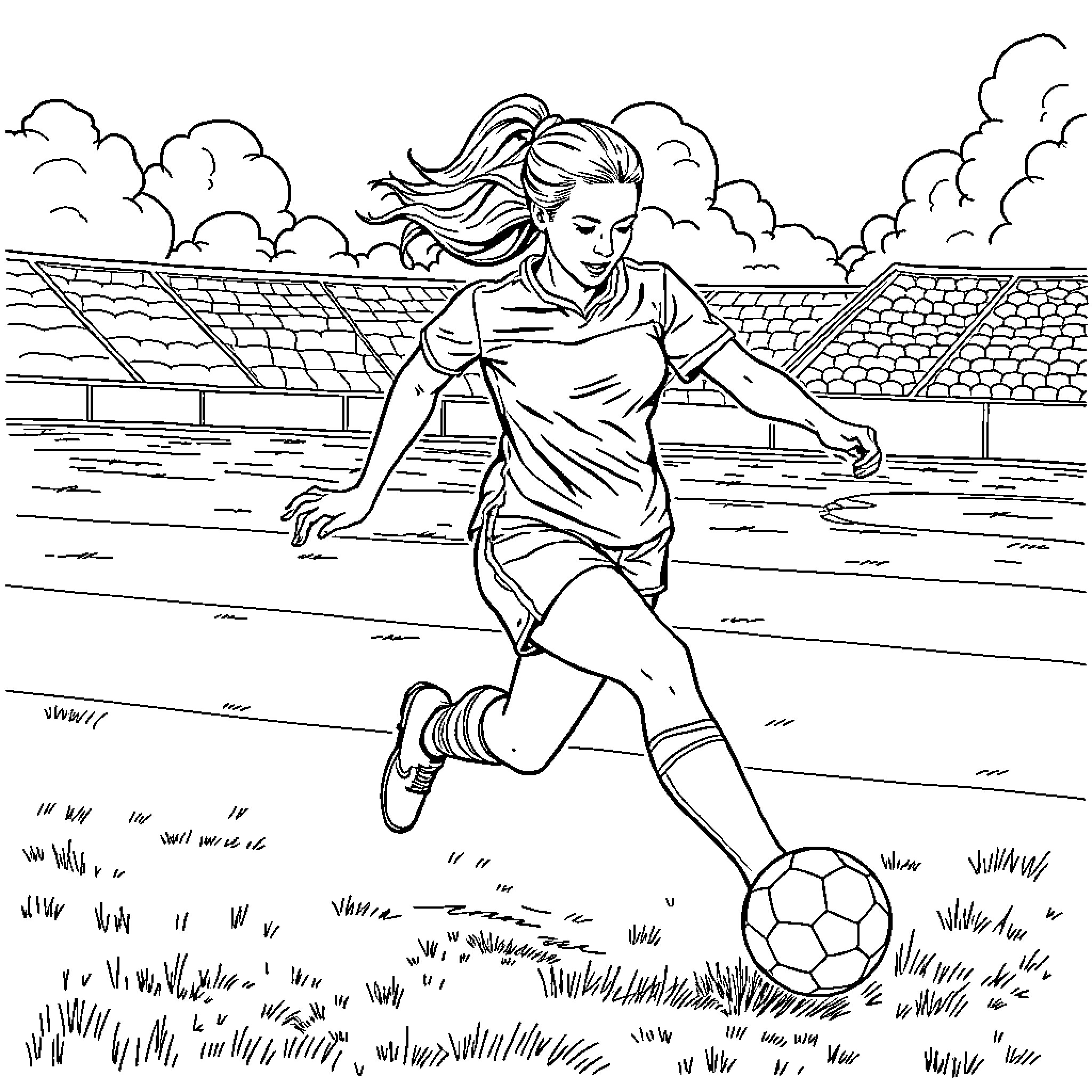 Woman playing soccer on a field Coloring Page (free black-and-white line drawing printable PDF for all, from beginners to advanced learners, including children, teens, adults, and seniors)