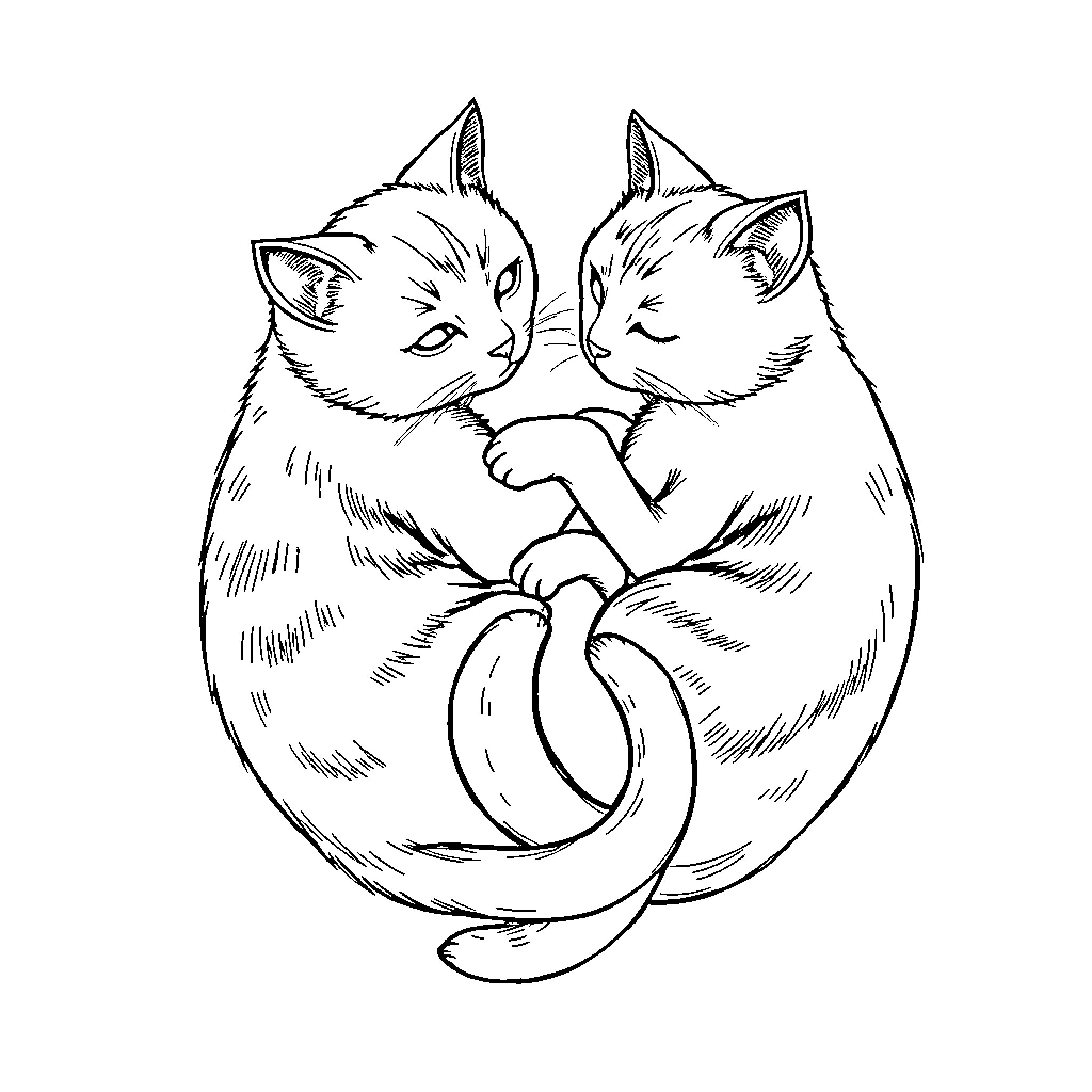 Cat companions sharing a tender moment Coloring Page (free black-and-white line drawing printable PDF for all, from beginners to advanced learners, including children, teens, adults, and seniors)
