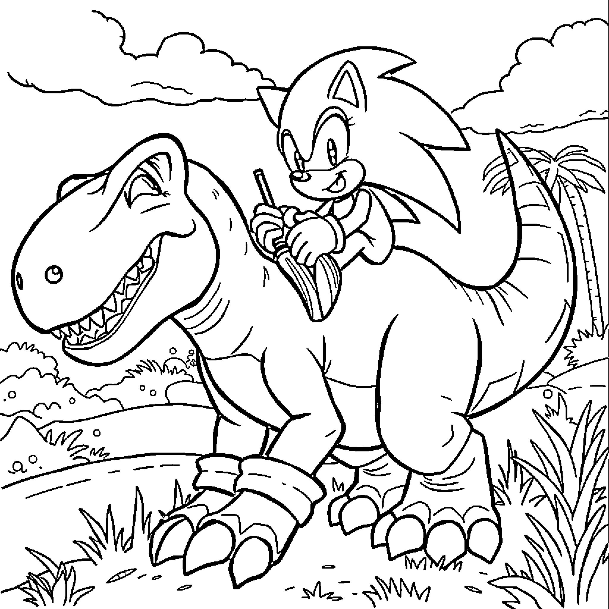 Sonic the Hedgehog riding on a friendly dinosaur Coloring Page (free black-and-white line drawing printable PDF for all, from beginners to advanced learners, including children, teens, adults, and seniors)