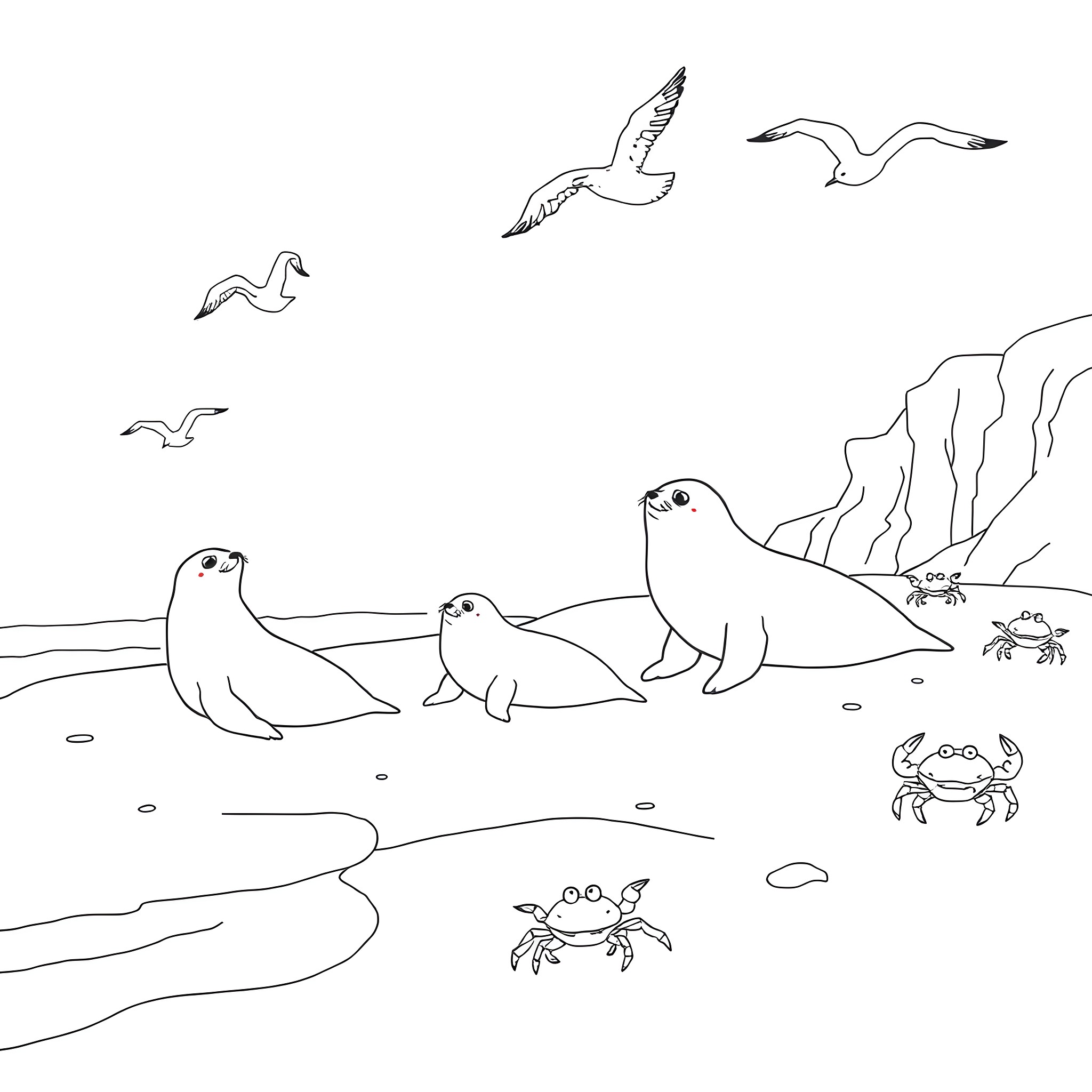 Animal Life by the Shoreline Coloring Page (free black-and-white line drawing printable PDF for all, from beginners to advanced learners, including children, teens, adults, and seniors)