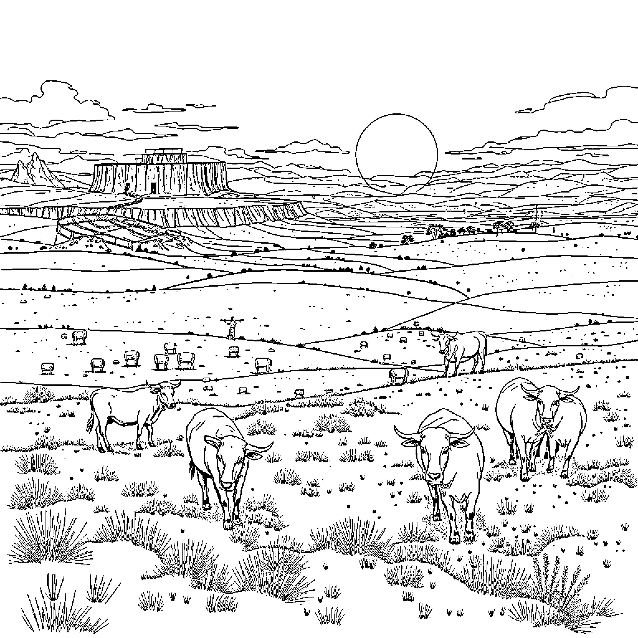 Businessman in desert landscape with cattle grazing Coloring Page (free black-and-white line drawing printable PDF for all, from beginners to advanced learners, including children, teens, adults, and seniors)