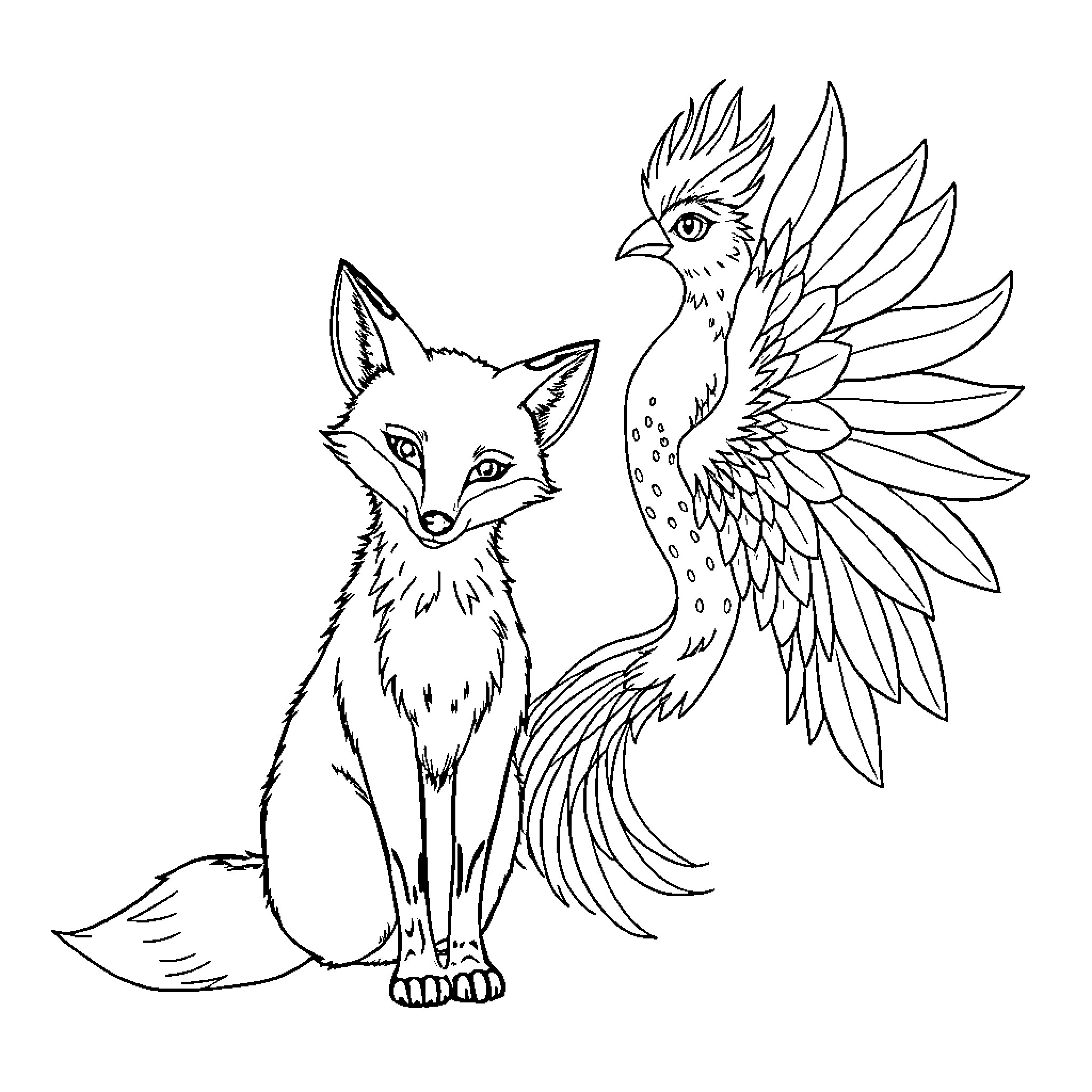 Fox and Mythical Creature Illustration Coloring Page (free black-and-white line drawing printable PDF for all, from beginners to advanced learners, including children, teens, adults, and seniors)
