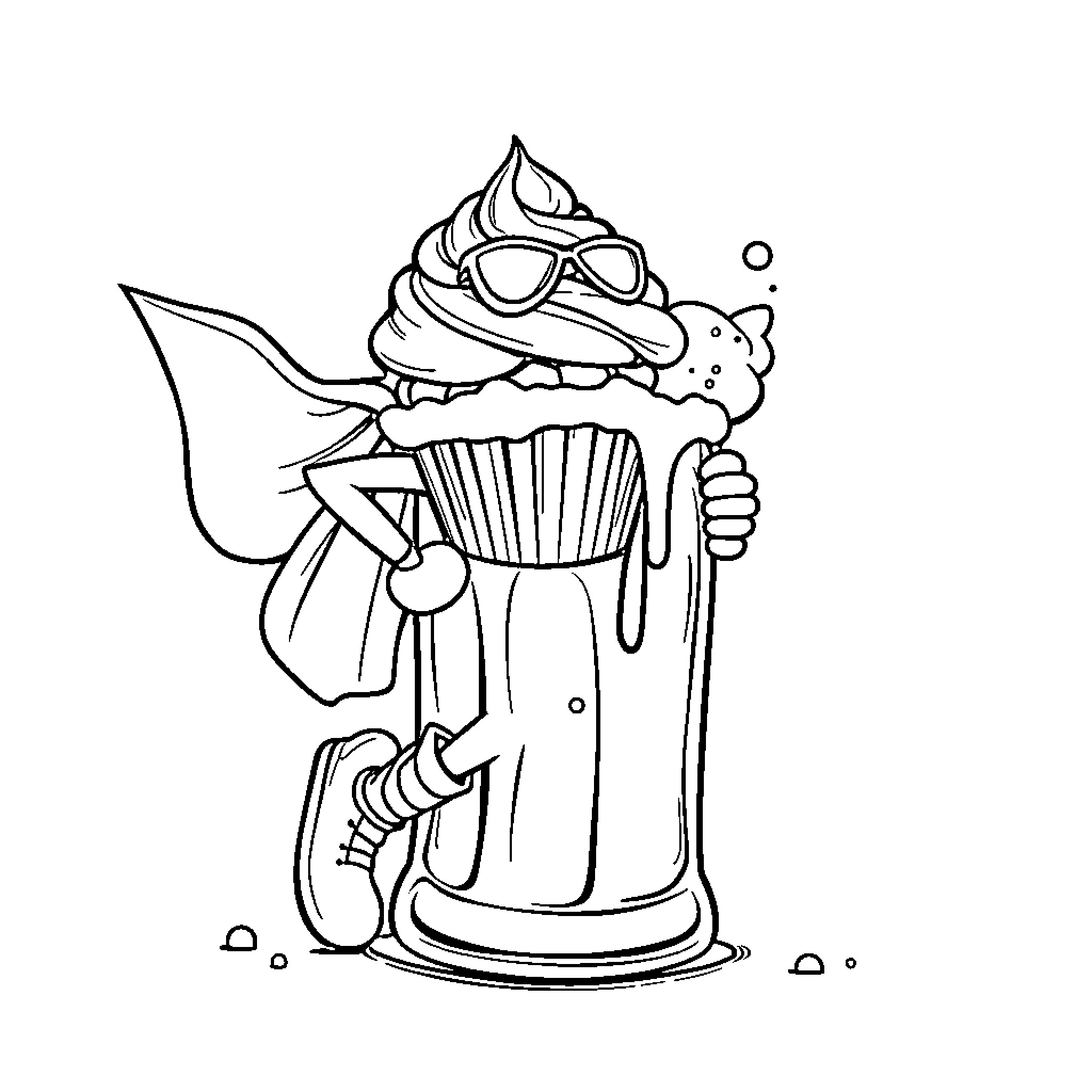 Cupcake creature cleaning up with a mop Coloring Page (free black-and-white line drawing printable PDF for all, from beginners to advanced learners, including children, teens, adults, and seniors)